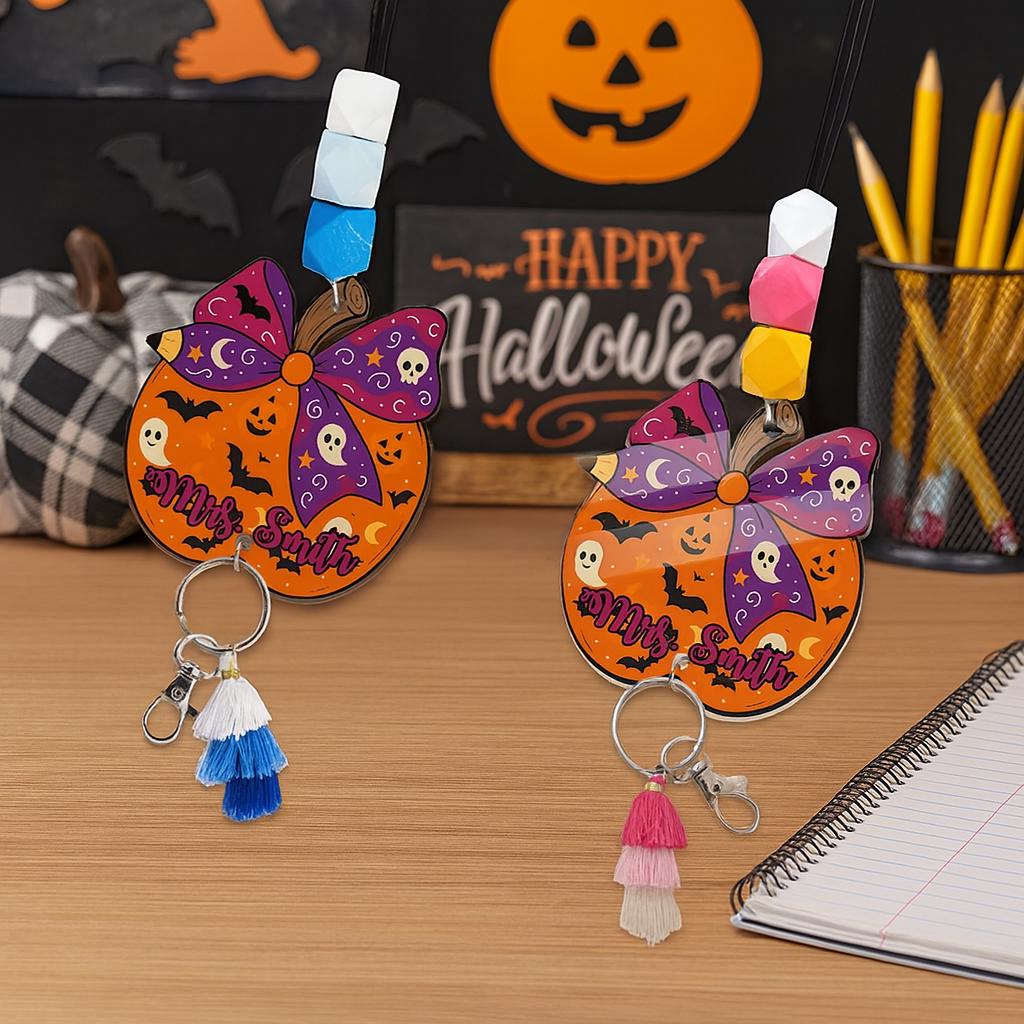 Custom Halloween Teacher Lanyard | Beaded Pumpkin ID Badge Holder | Personalized Fall Classroom Gift