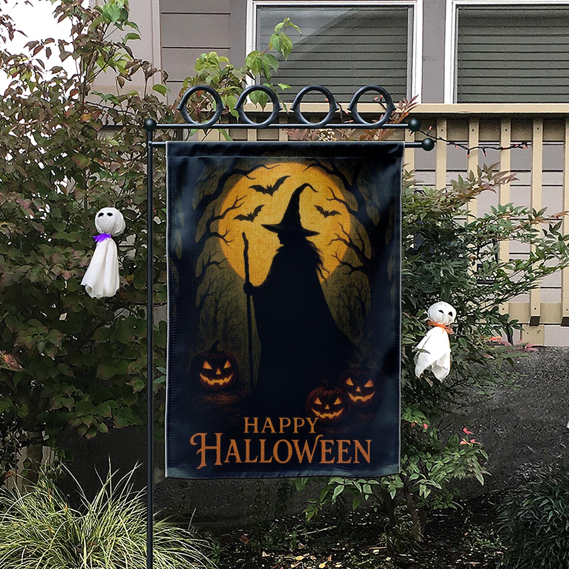 Happy Halloween Garden Flag, Witch Silhouette Outdoor Yard Banner, Spooky Pumpkin and Bat Porch Decor, Seasonal Gothic Decoration