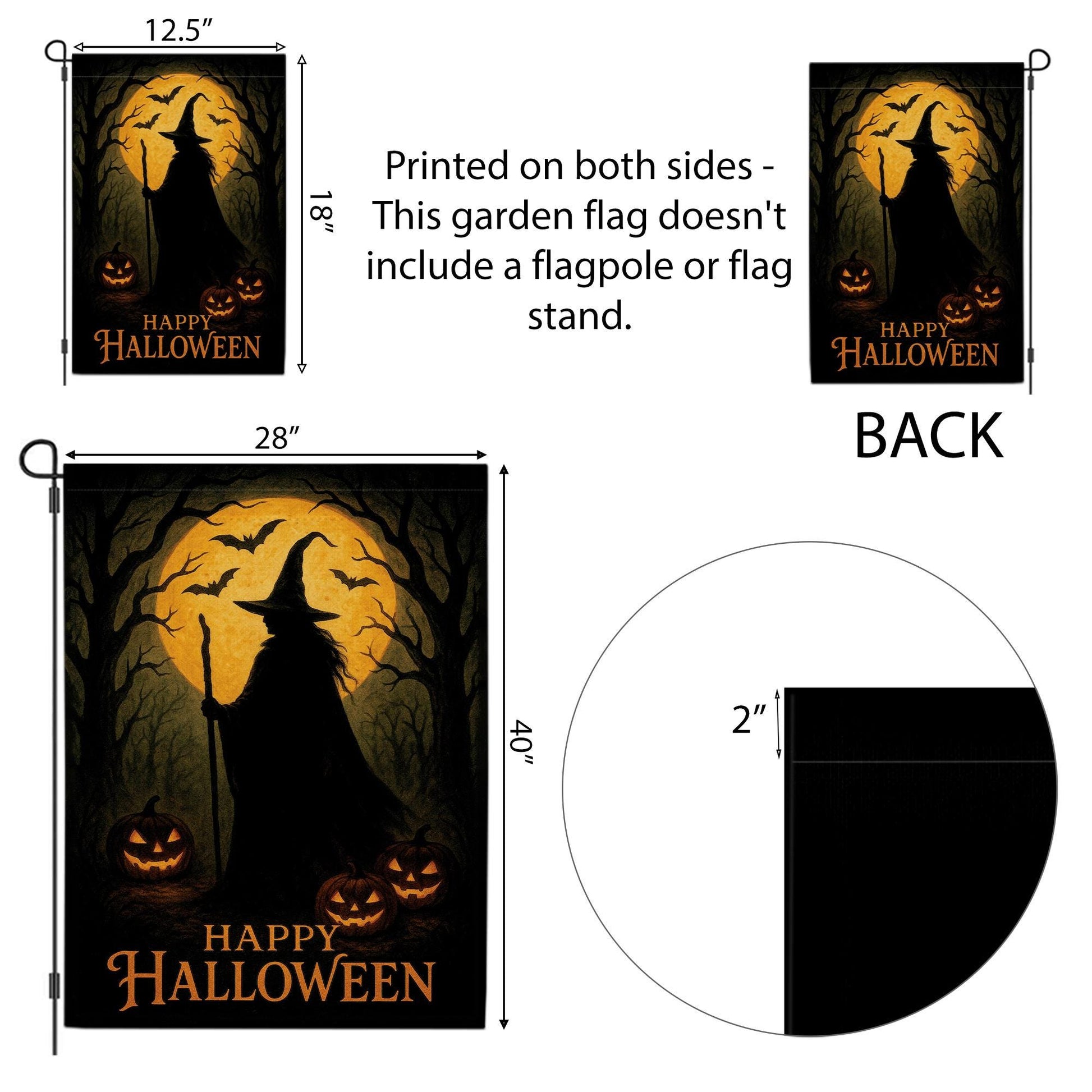 Happy Halloween Garden Flag, Witch Silhouette Outdoor Yard Banner, Spooky Pumpkin and Bat Porch Decor, Seasonal Gothic Decoration