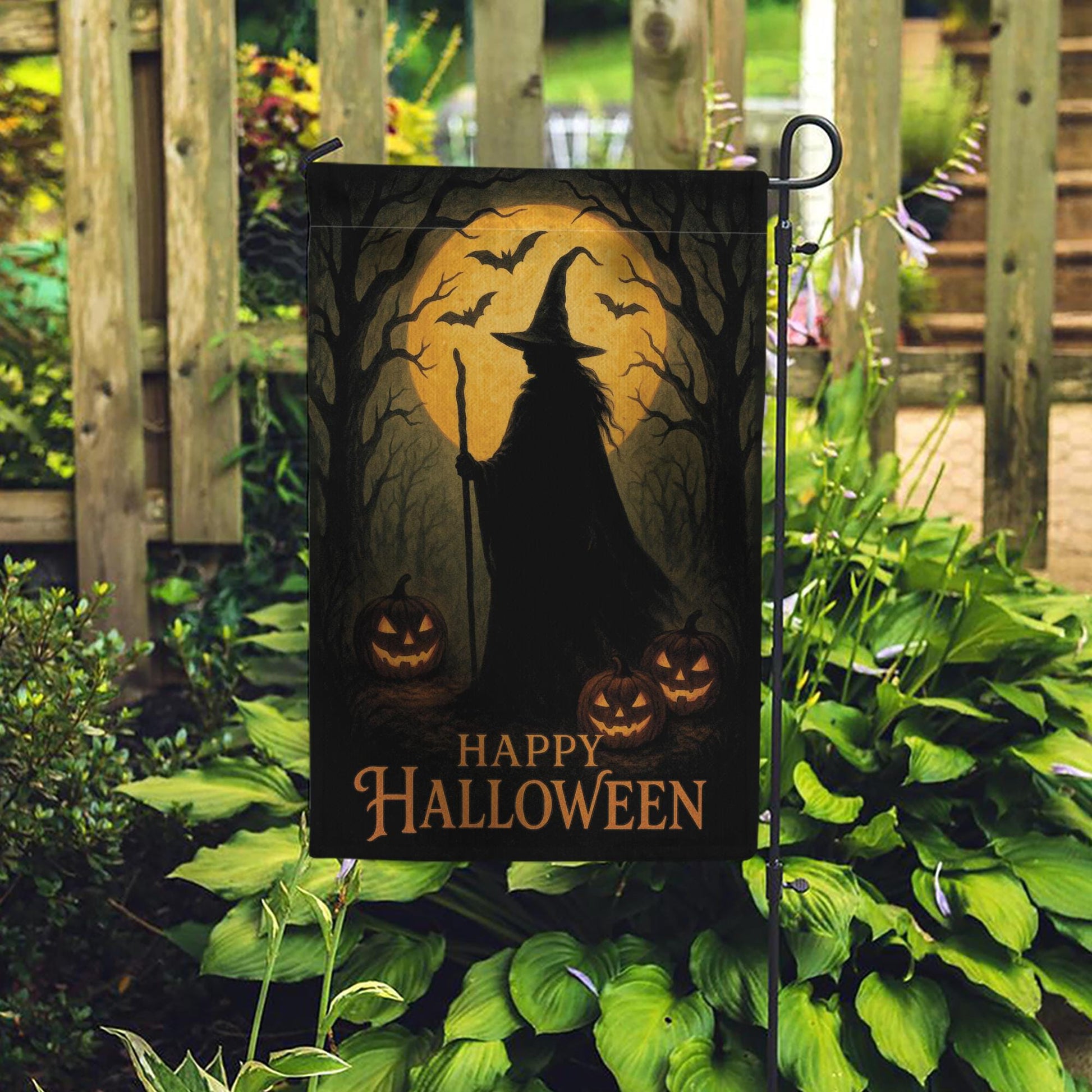 Happy Halloween Garden Flag, Witch Silhouette Outdoor Yard Banner, Spooky Pumpkin and Bat Porch Decor, Seasonal Gothic Decoration