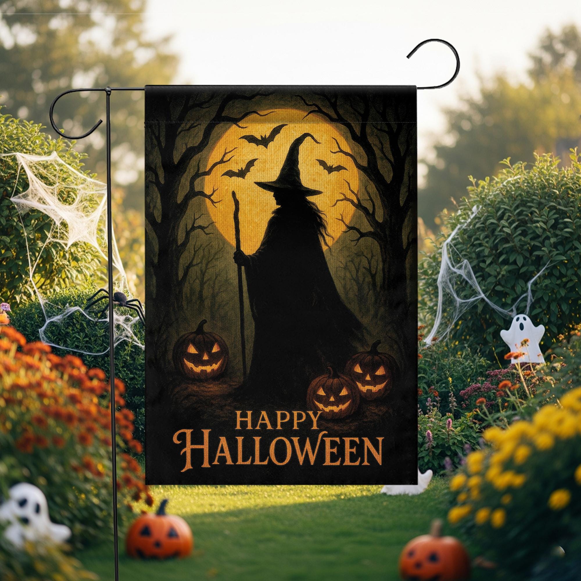 Happy Halloween Garden Flag, Witch Silhouette Outdoor Yard Banner, Spooky Pumpkin and Bat Porch Decor, Seasonal Gothic Decoration