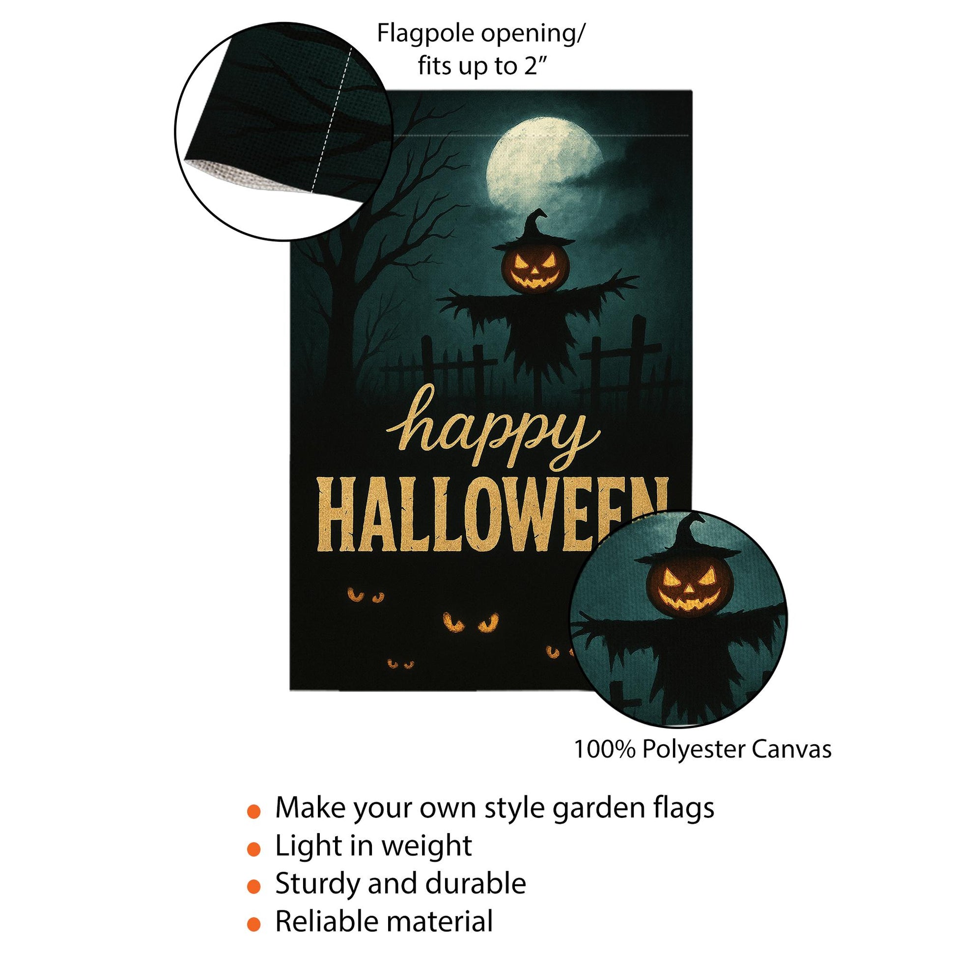Happy Halloween Garden Flag, Scary Pumpkin Scarecrow Outdoor Yard Banner, Spooky Moonlit Porch Decoration, Gothic Seasonal Decor