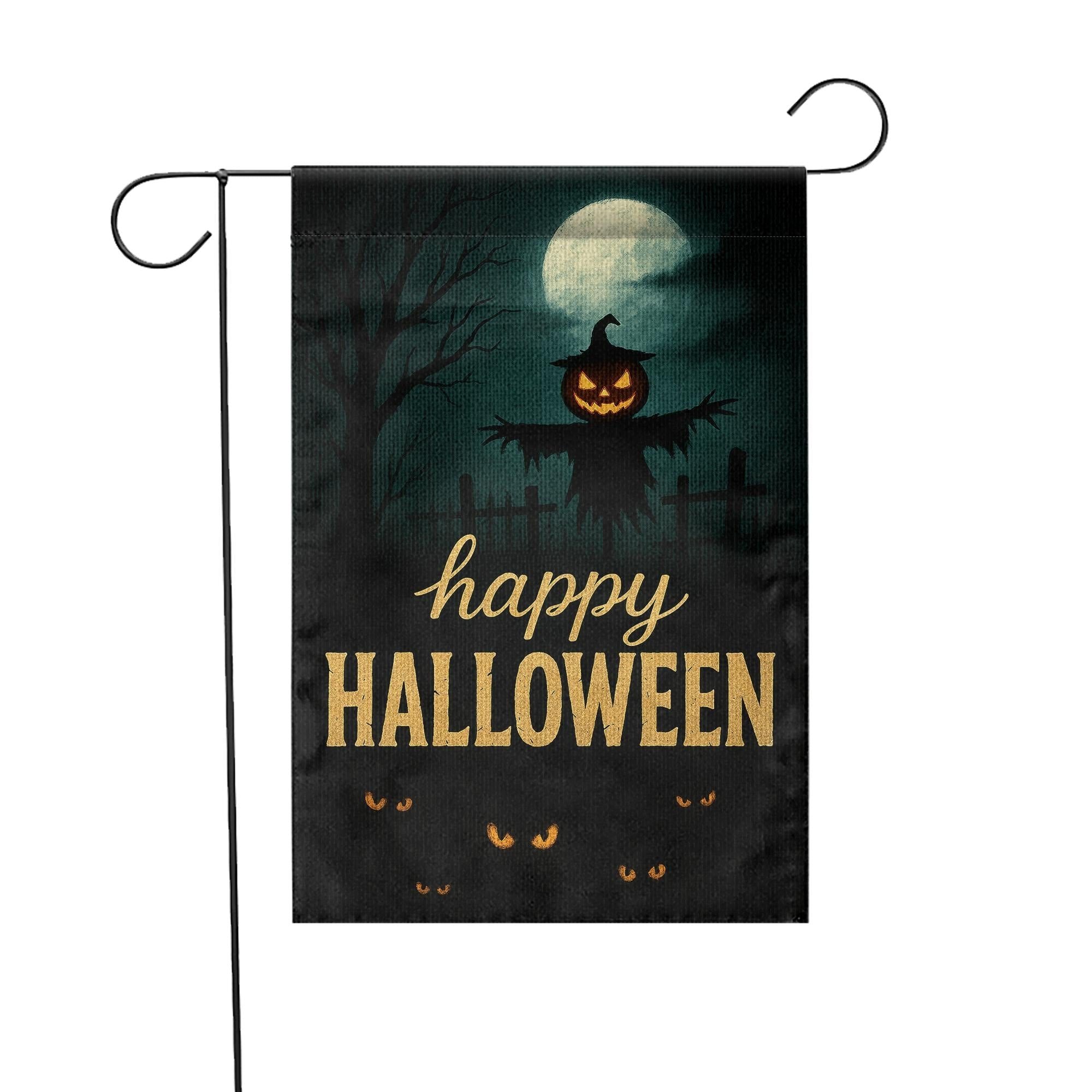 Happy Halloween Garden Flag, Scary Pumpkin Scarecrow Outdoor Yard Banner, Spooky Moonlit Porch Decoration, Gothic Seasonal Decor
