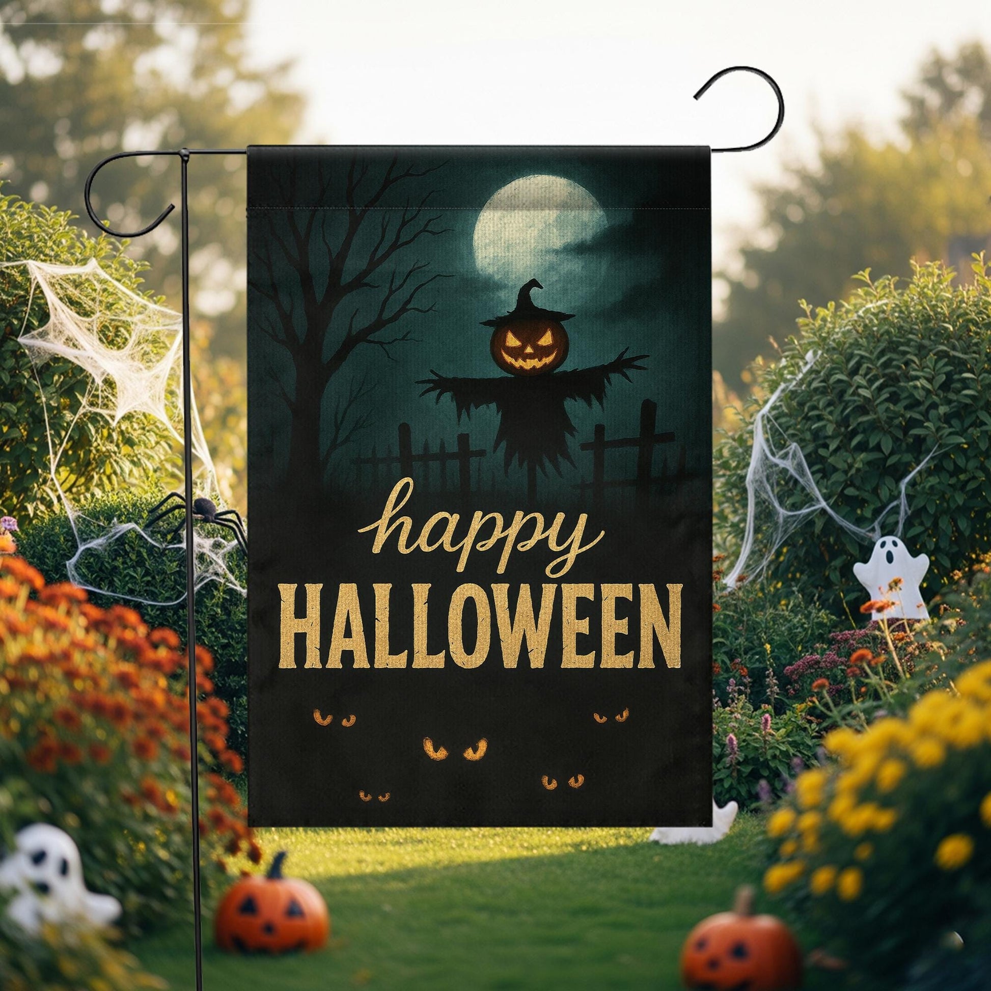 Happy Halloween Garden Flag, Scary Pumpkin Scarecrow Outdoor Yard Banner, Spooky Moonlit Porch Decoration, Gothic Seasonal Decor