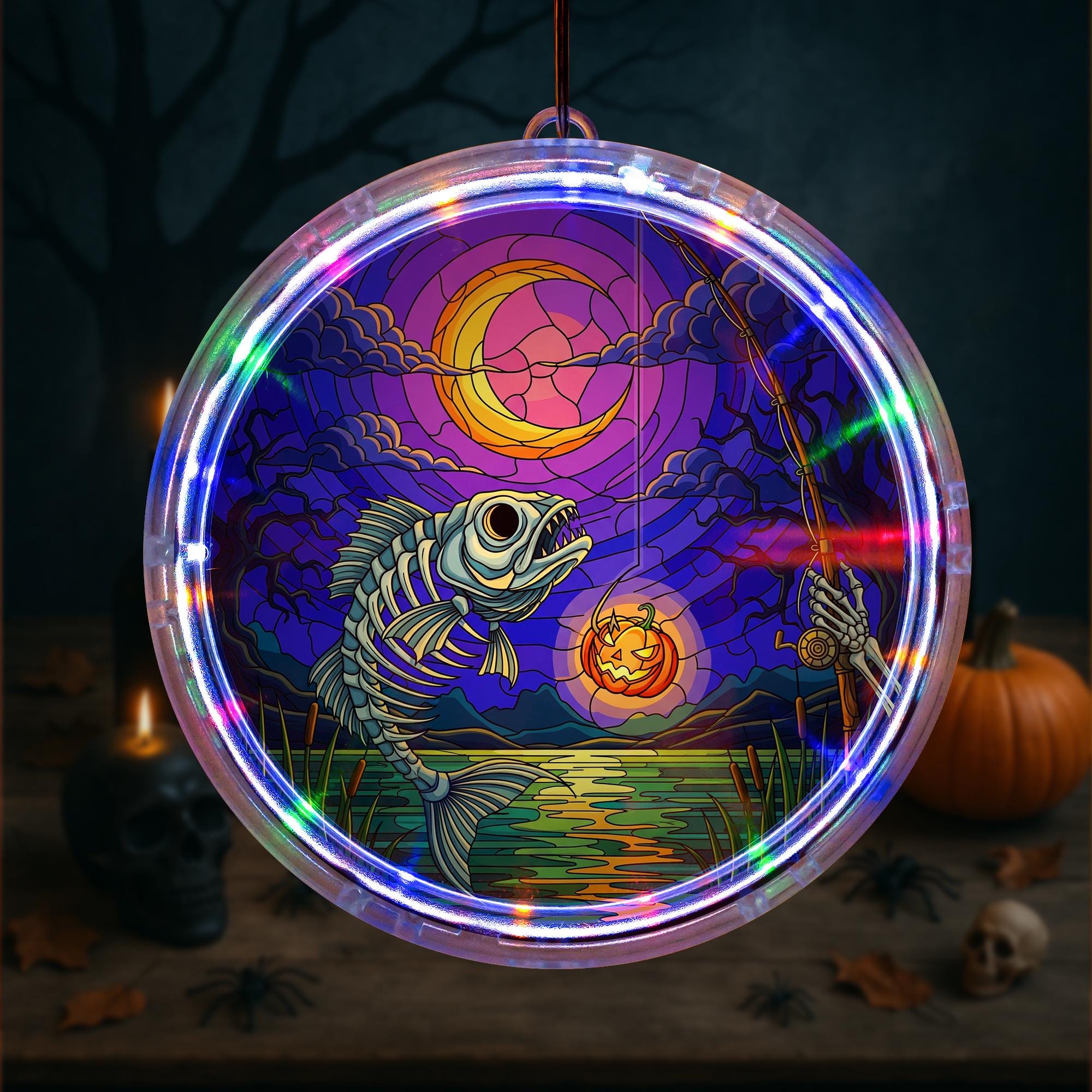 Halloween Fishing LED Hanging | Spooky Fish Skeleton Hanging Light | Unique Halloween Gift for Fishermen