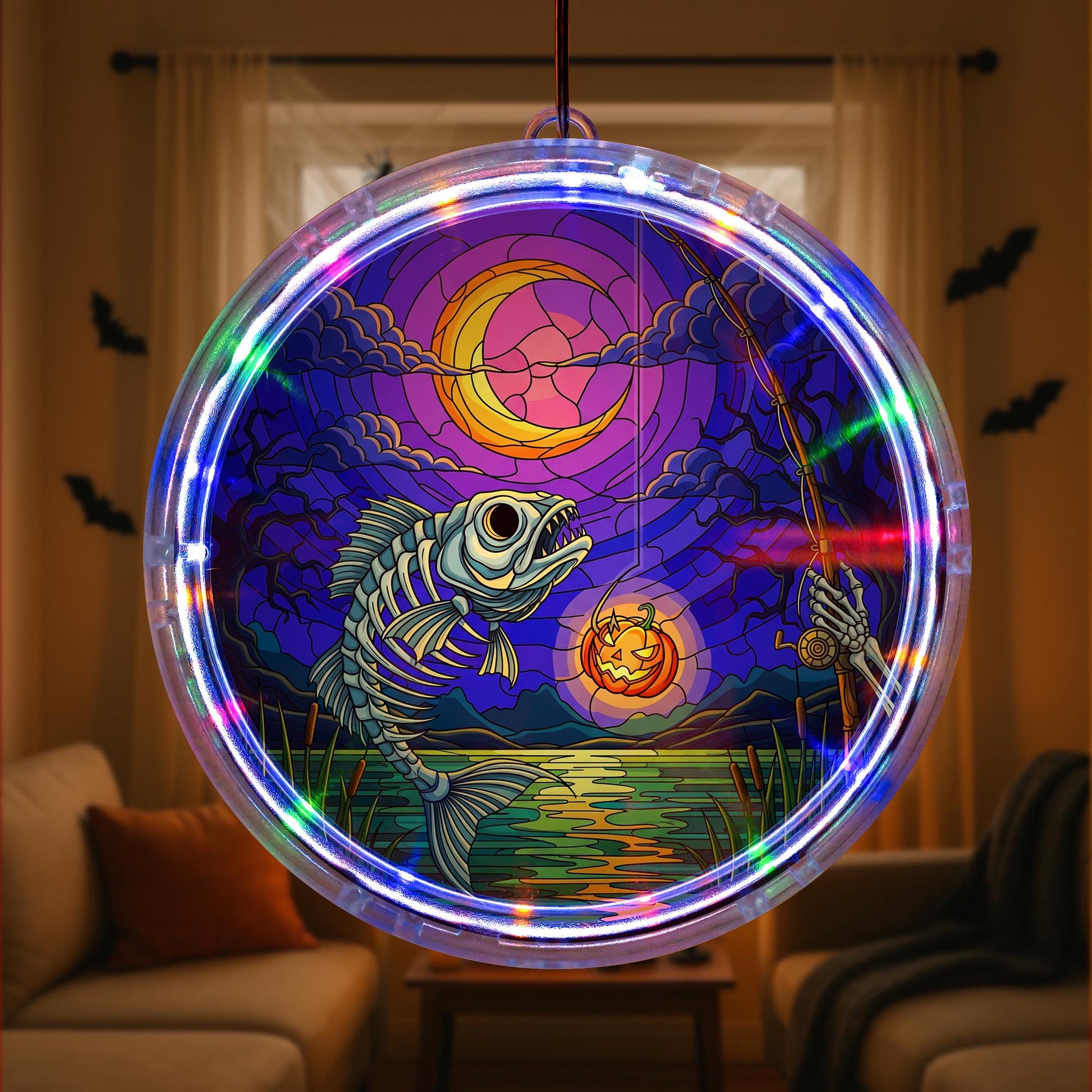 Halloween Fishing LED Hanging | Spooky Fish Skeleton Hanging Light | Unique Halloween Gift for Fishermen
