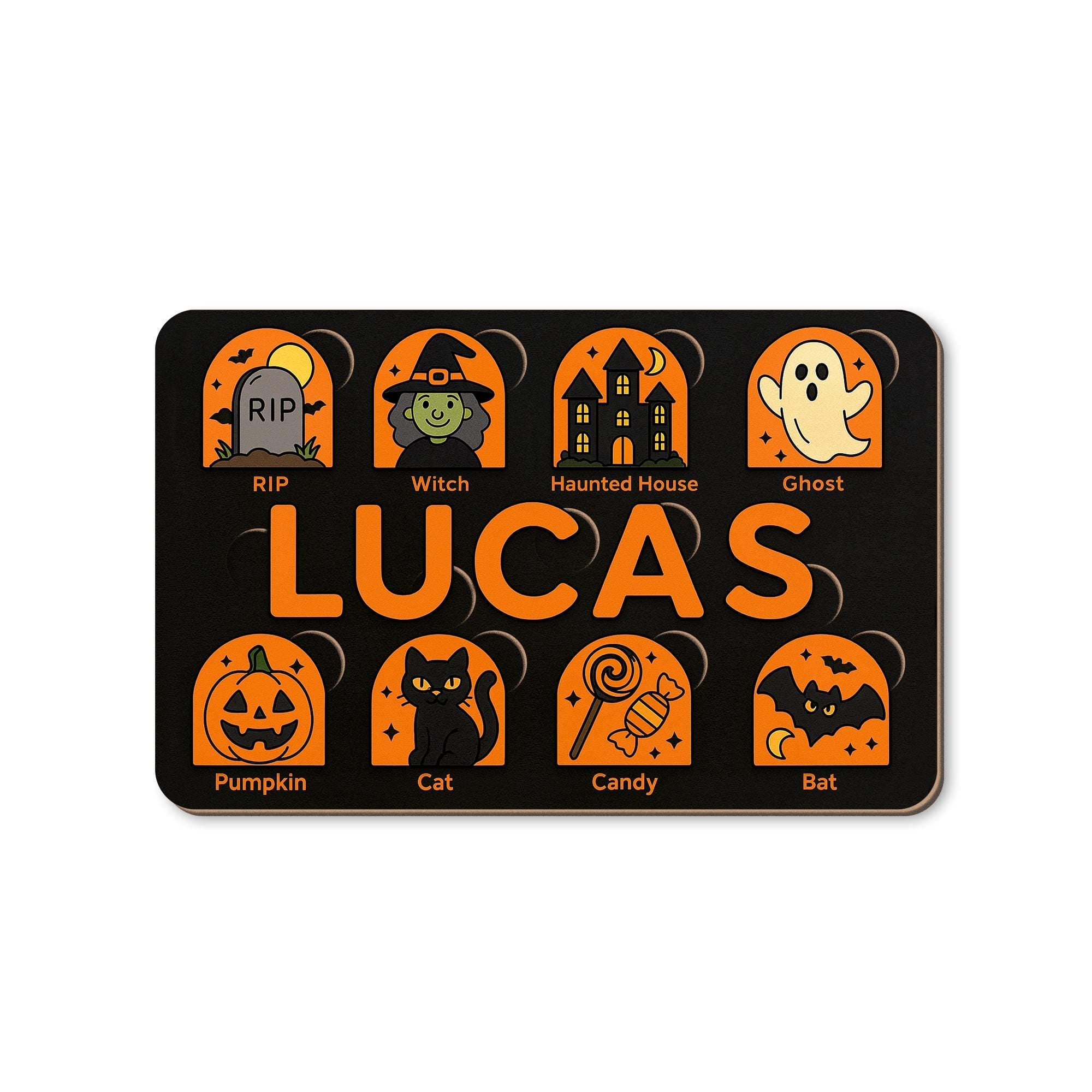 Personalized Halloween Wooden Puzzle, Custom Name Toddler Puzzle Toy, Montessori Educational Gift, Baby First Halloween Learning