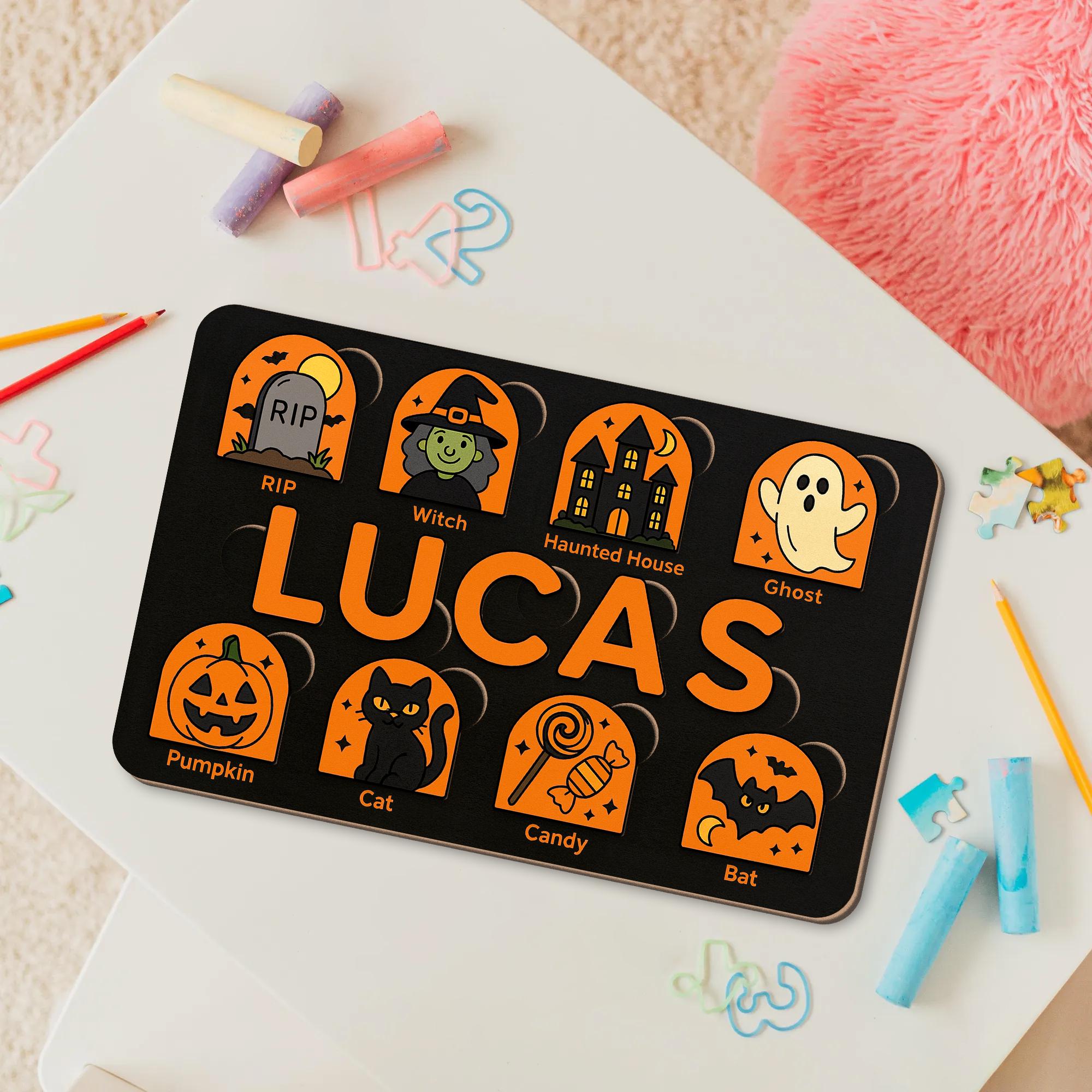 Personalized Halloween Wooden Puzzle, Custom Name Toddler Puzzle Toy, Montessori Educational Gift, Baby First Halloween Learning