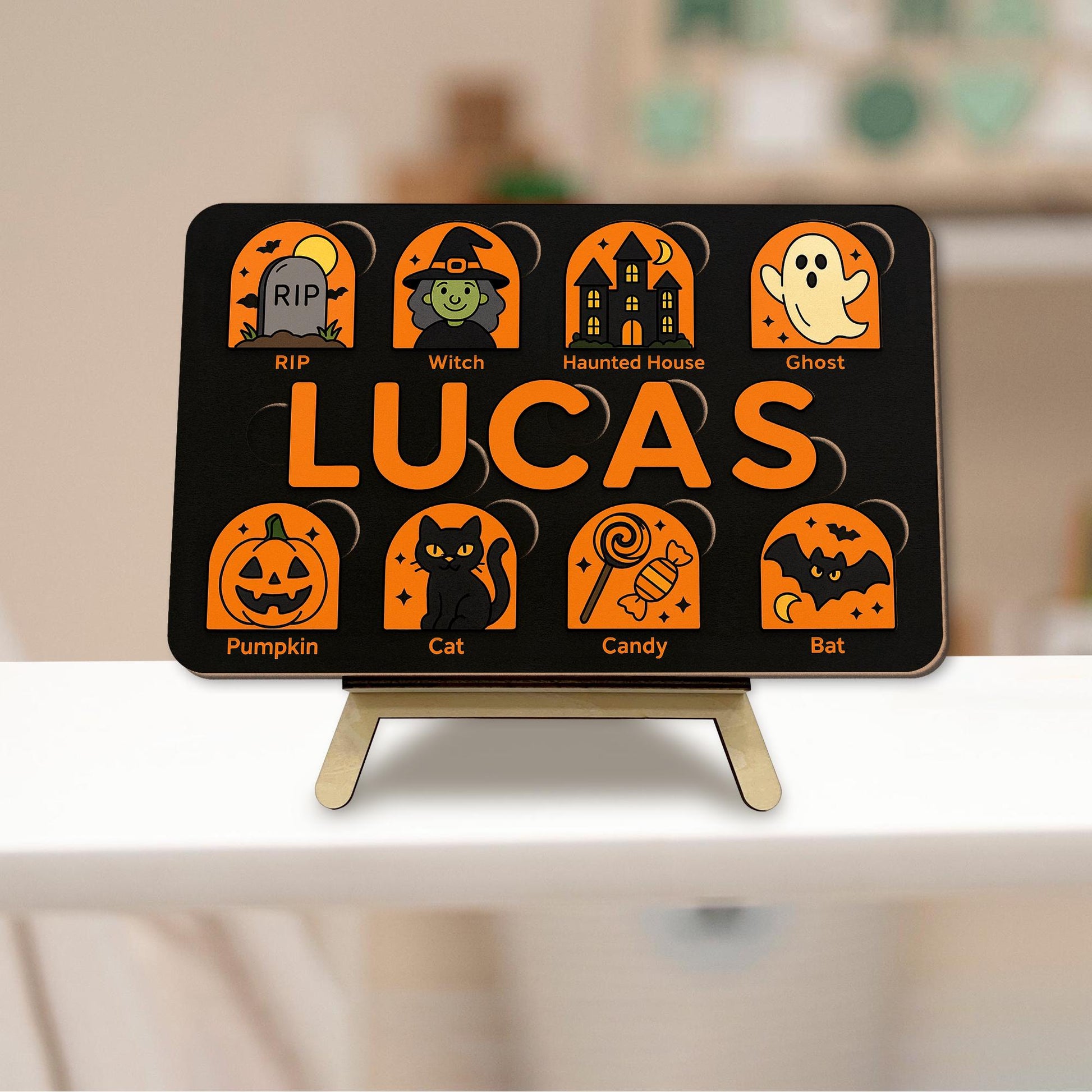 Personalized Halloween Wooden Puzzle, Custom Name Toddler Puzzle Toy, Montessori Educational Gift, Baby First Halloween Learning