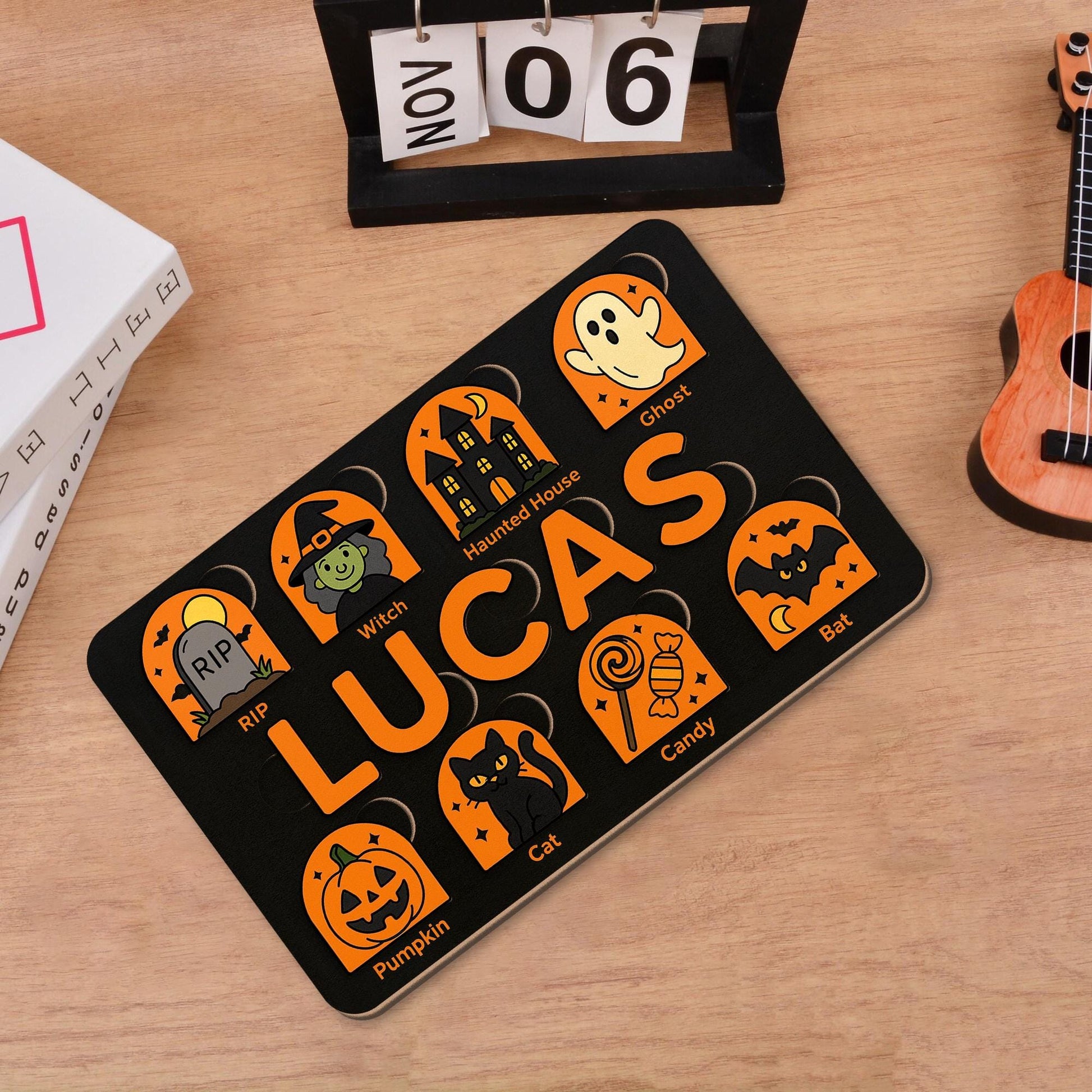 Personalized Halloween Wooden Puzzle, Custom Name Toddler Puzzle Toy, Montessori Educational Gift, Baby First Halloween Learning