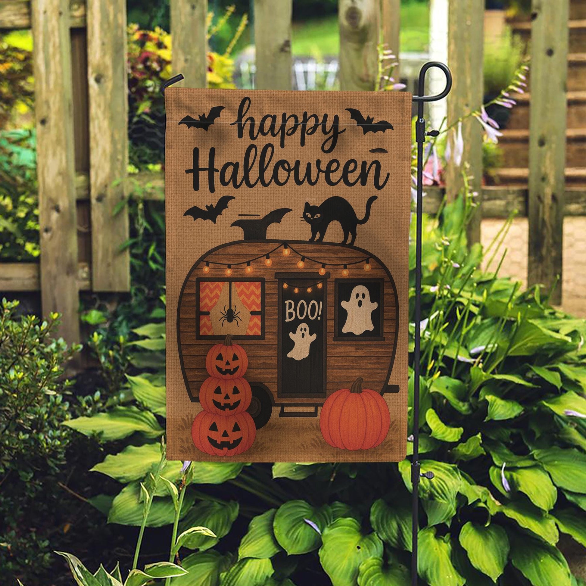 Happy Halloween Garden Flag, Spooky Camper Yard Banner, Pumpkin Ghost Cat Outdoor Decor, Rustic Seasonal Porch Decoration
