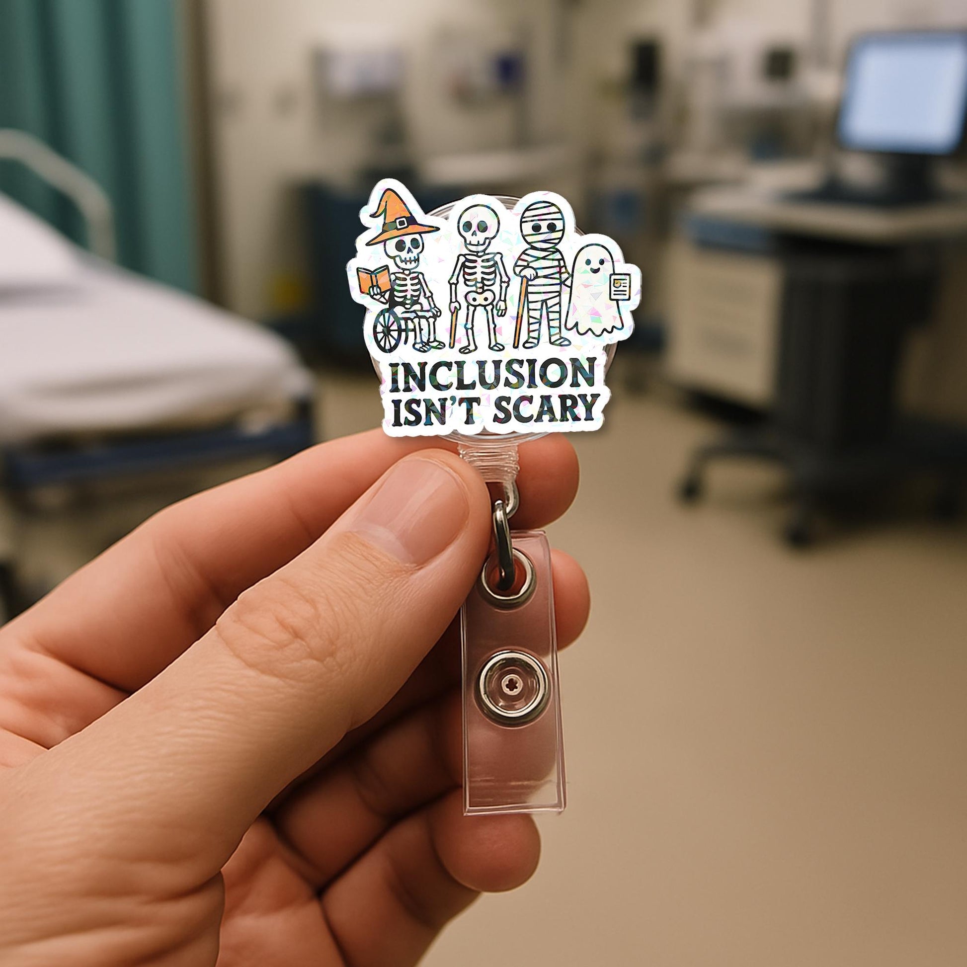 Halloween Holographic Badge Reel | Inclusion Isn’t Scary ID Holder | Cute Sped Teacher Retractable Badge Clip