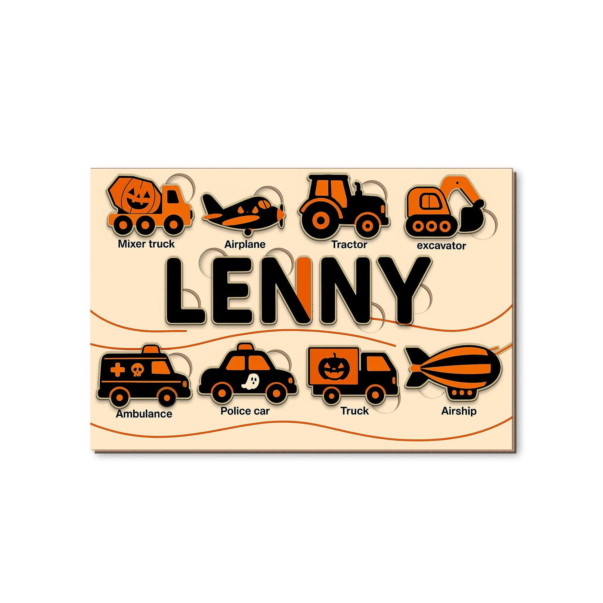 Personalized Halloween Wooden Puzzle, Custom Name Vehicle Puzzle Toy, Montessori Educational Gift, Toddler Learning Car Puzzle