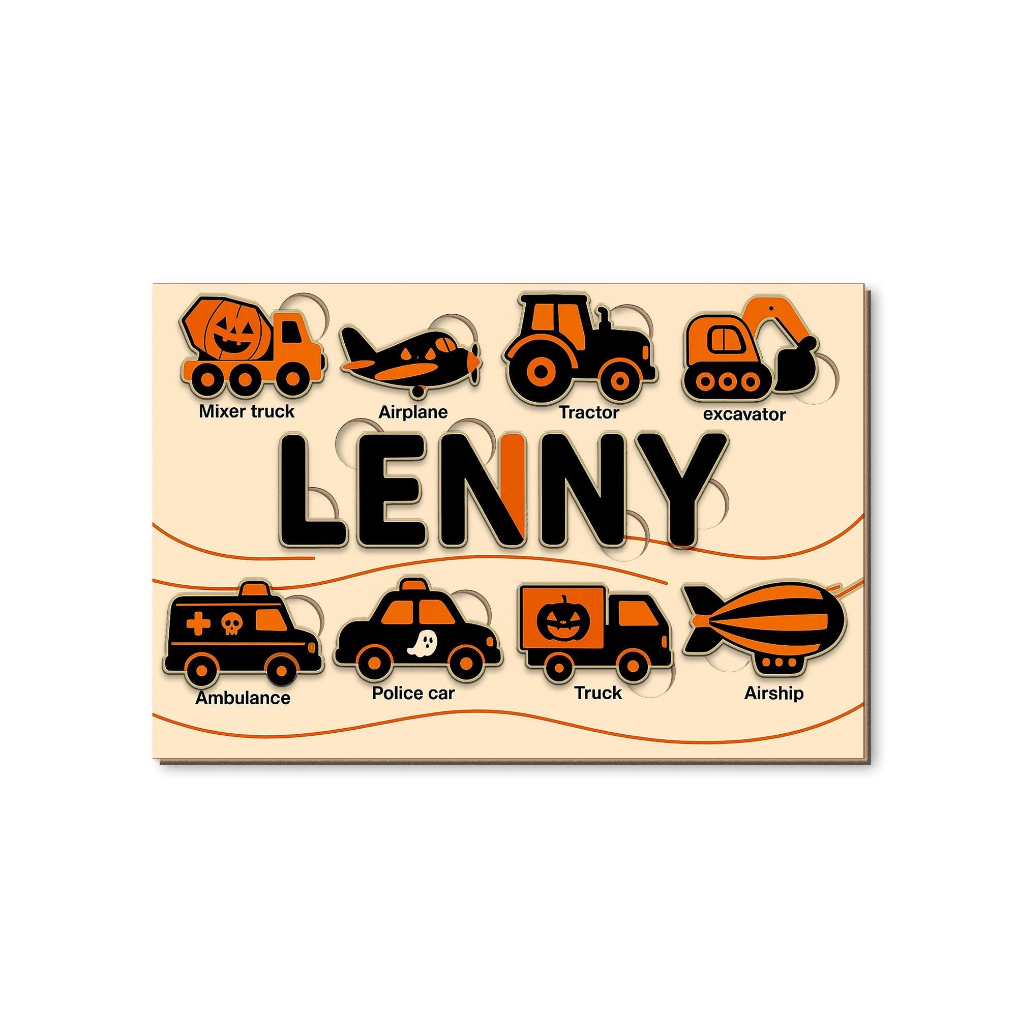 Personalized Halloween Wooden Puzzle, Custom Name Vehicle Puzzle Toy, Montessori Educational Gift, Toddler Learning Car Puzzle
