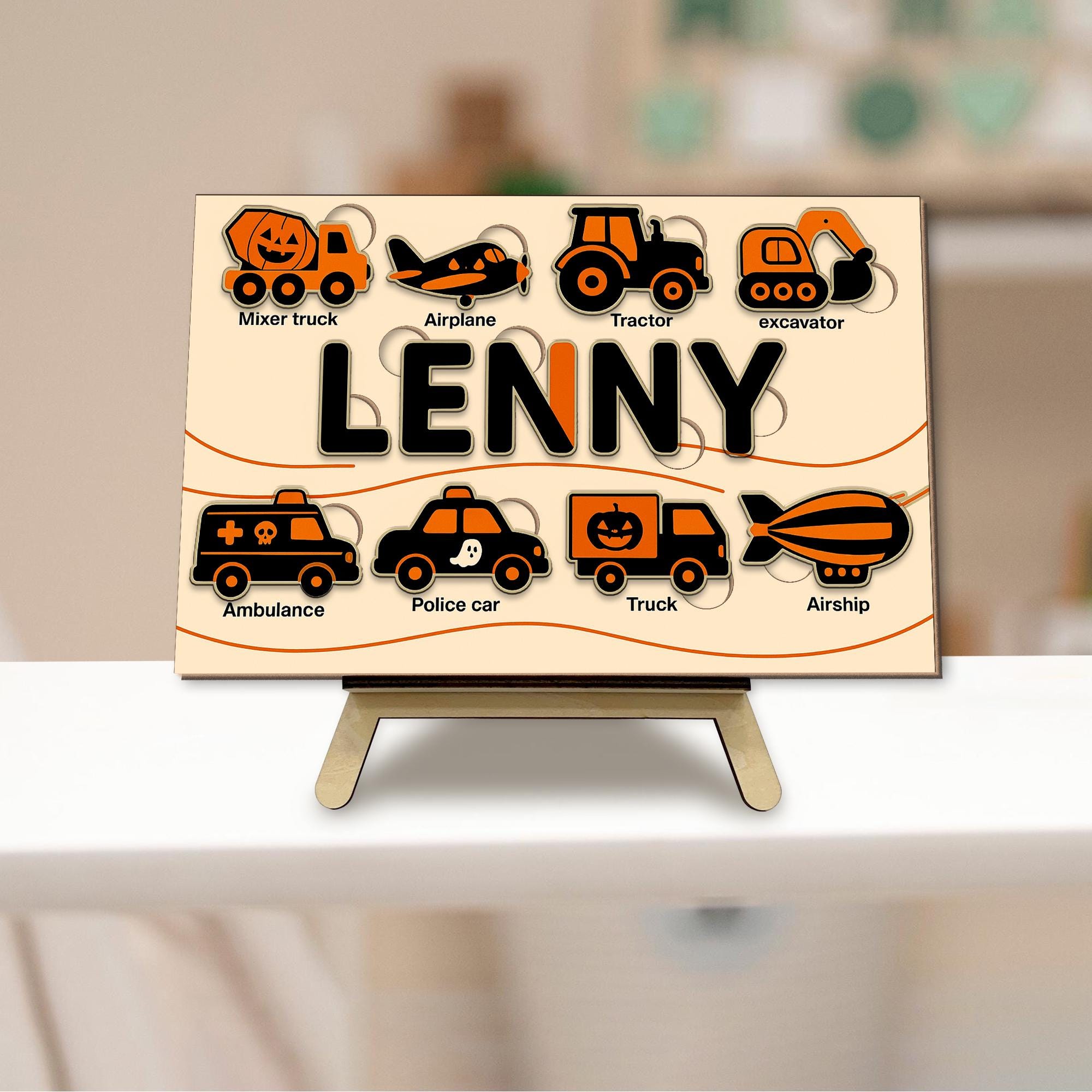 Personalized Halloween Wooden Puzzle, Custom Name Vehicle Puzzle Toy, Montessori Educational Gift, Toddler Learning Car Puzzle