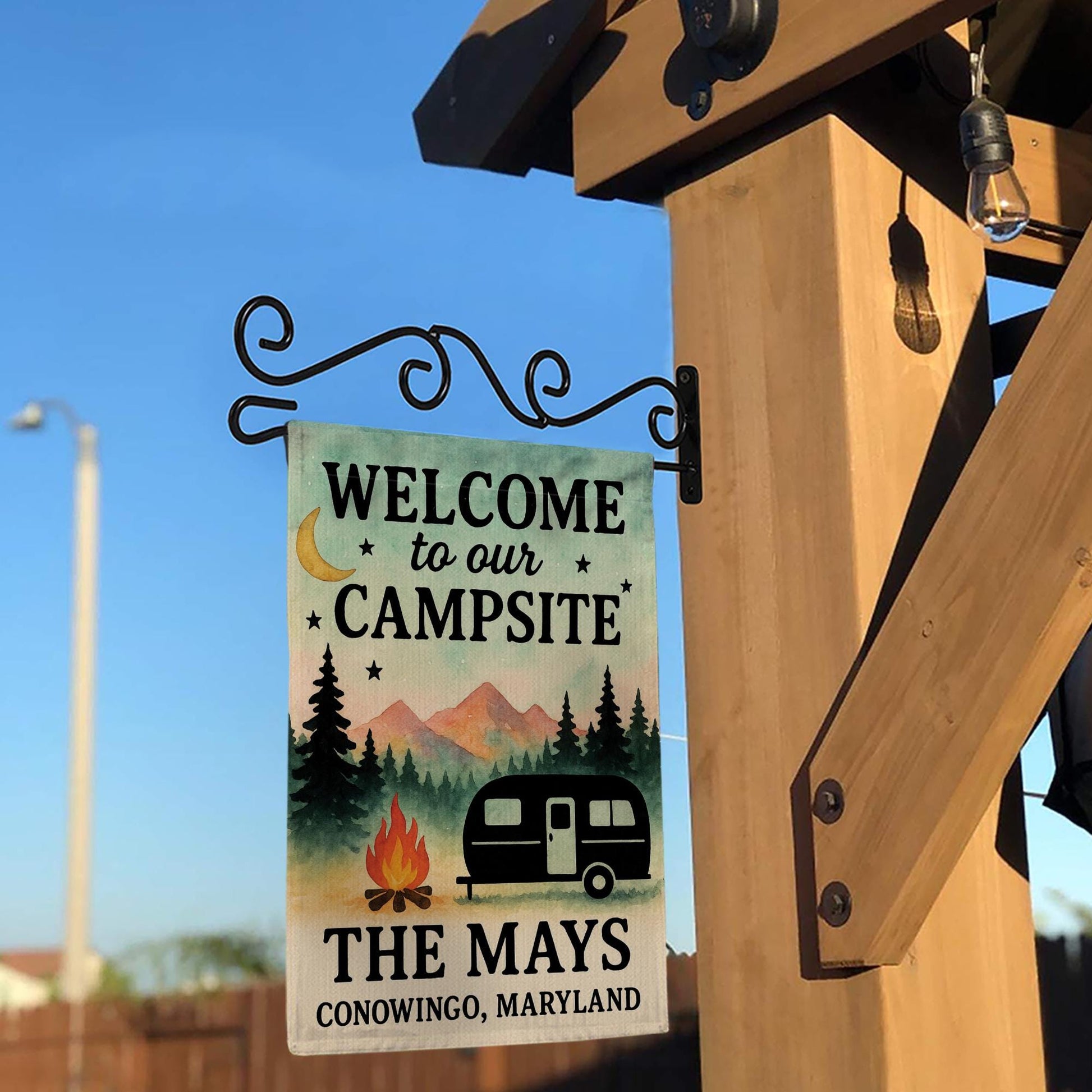 Personalized Campsite Garden Flag, Custom RV Camper Yard Banner, Welcome Outdoor Camping Decor, Family Name Campfire Flag