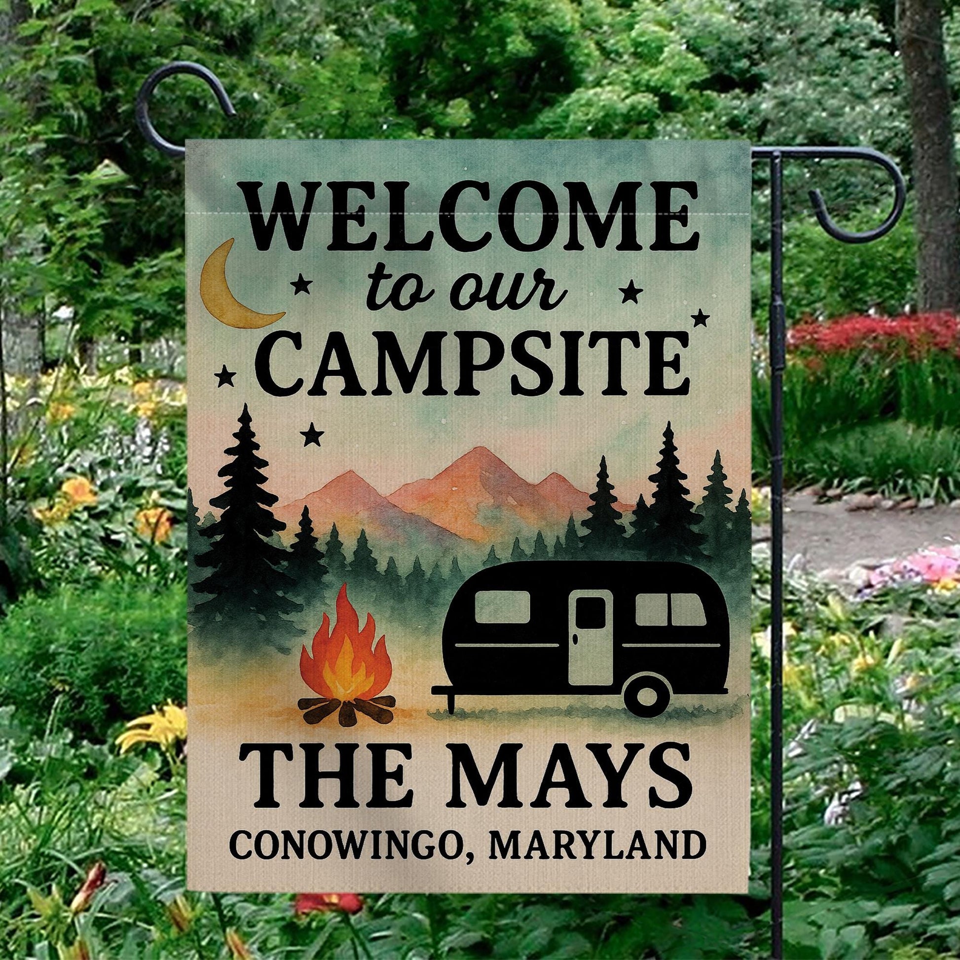 Personalized Campsite Garden Flag, Custom RV Camper Yard Banner, Welcome Outdoor Camping Decor, Family Name Campfire Flag