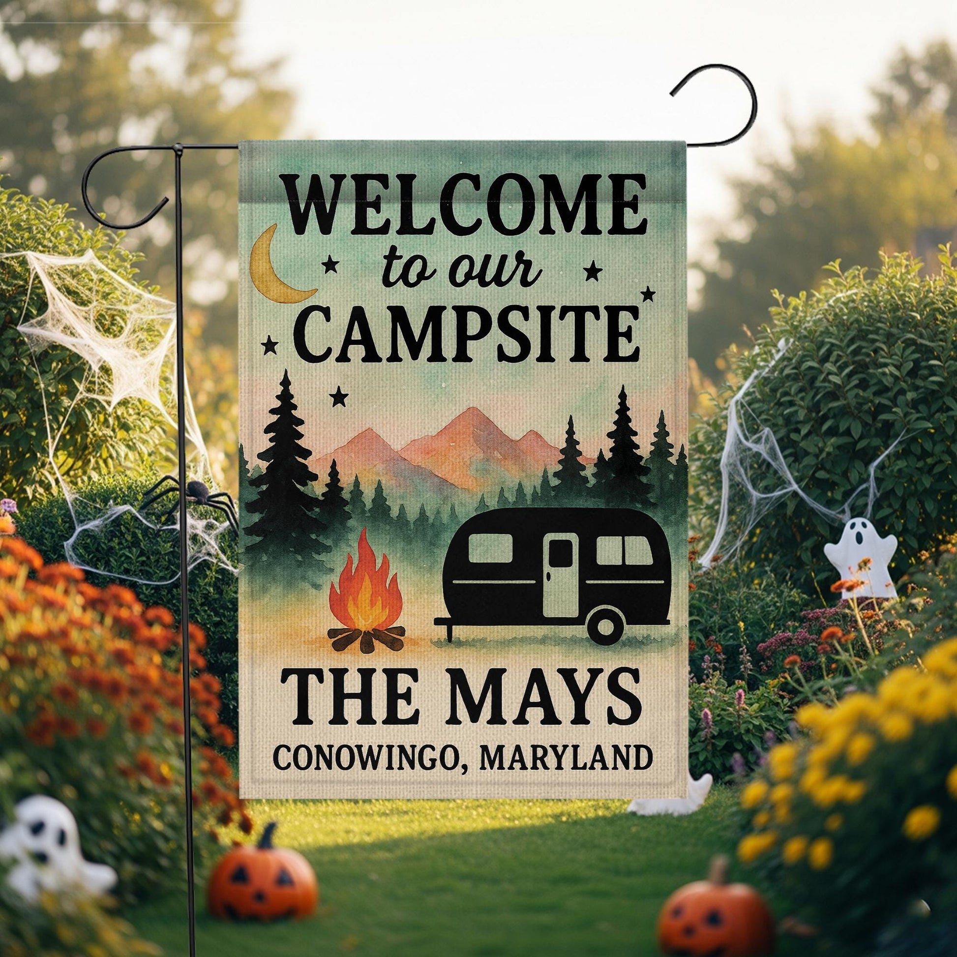 Personalized Campsite Garden Flag, Custom RV Camper Yard Banner, Welcome Outdoor Camping Decor, Family Name Campfire Flag