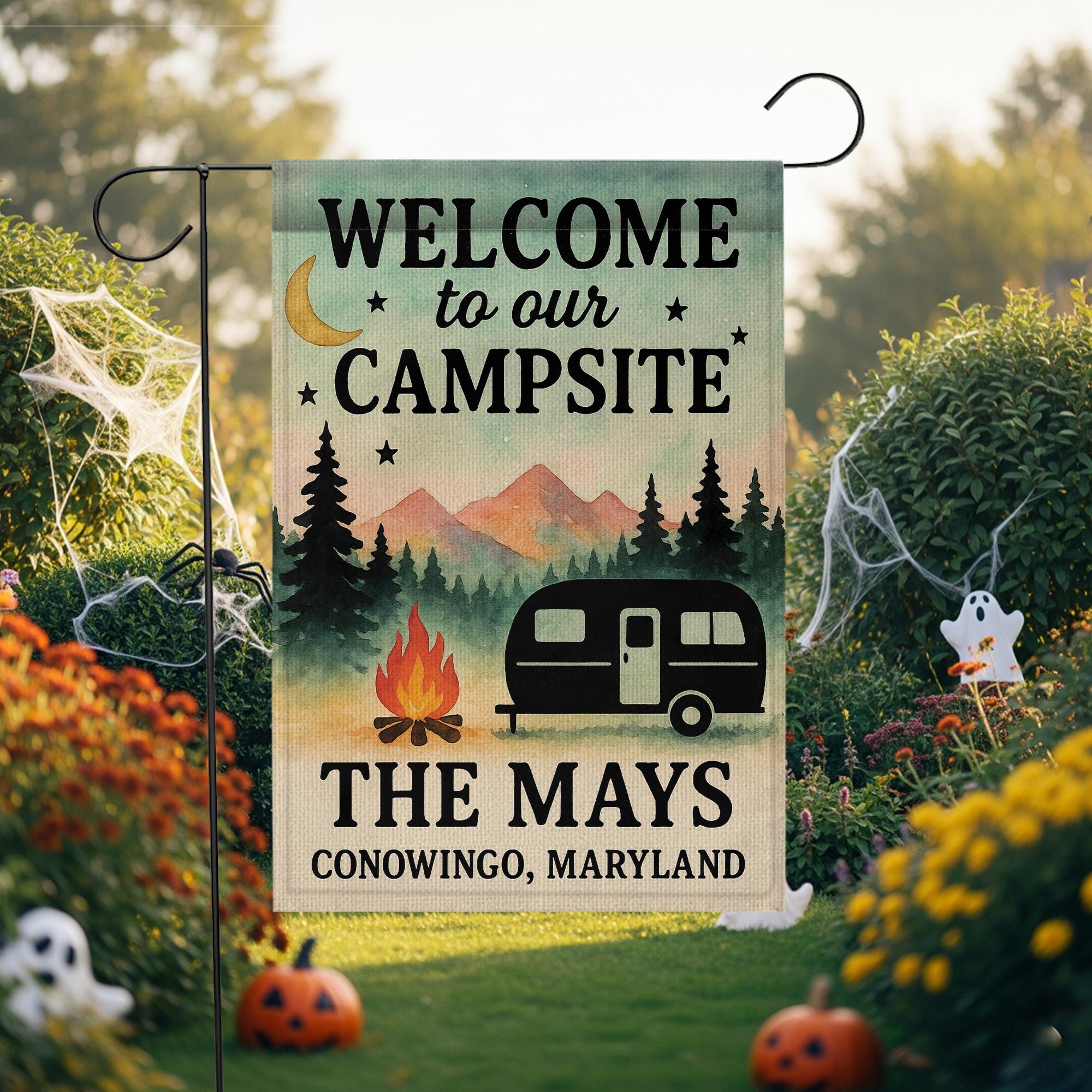 Personalized Campsite Garden Flag, Custom RV Camper Yard Banner, Welcome Outdoor Camping Decor, Family Name Campfire Flag