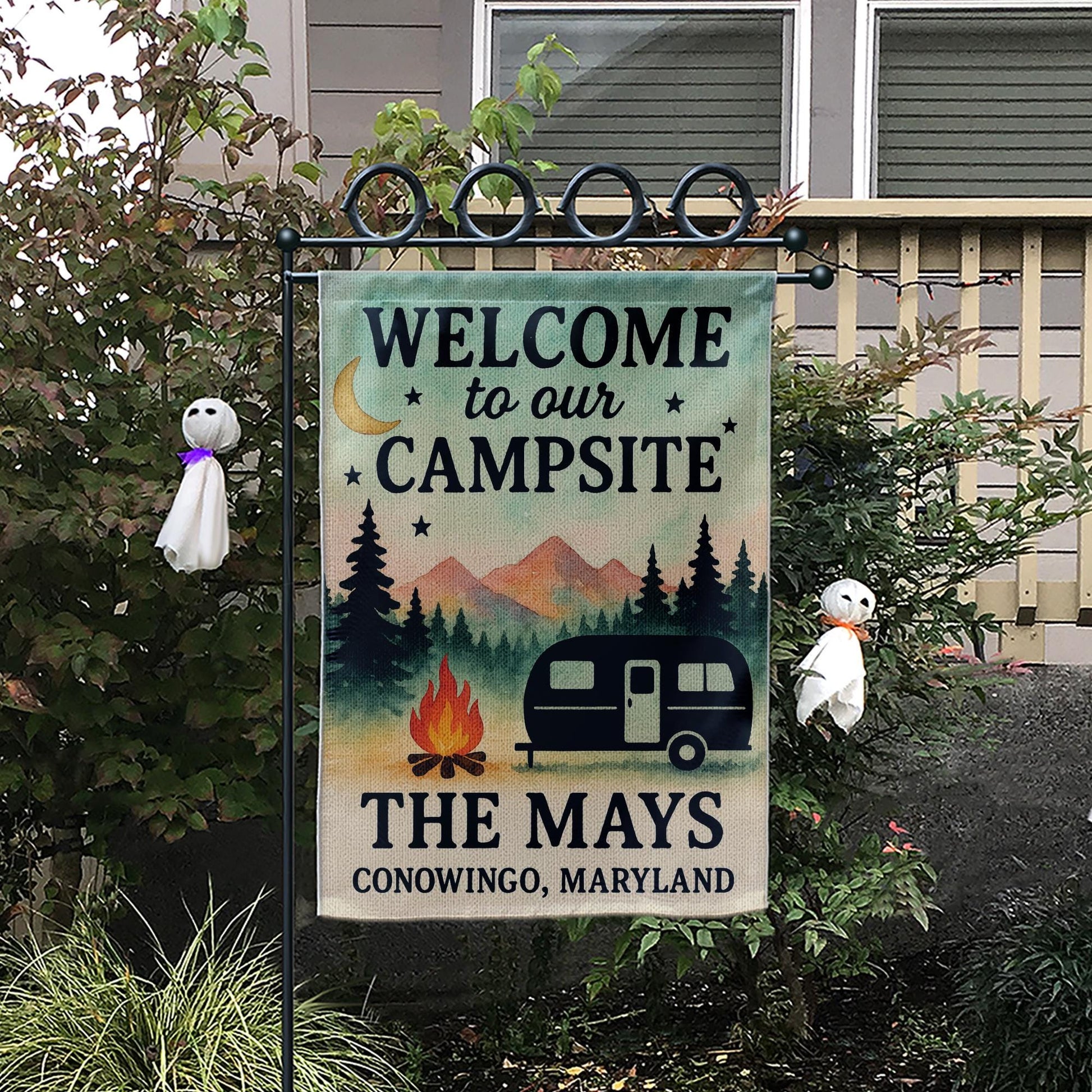 Personalized Campsite Garden Flag, Custom RV Camper Yard Banner, Welcome Outdoor Camping Decor, Family Name Campfire Flag