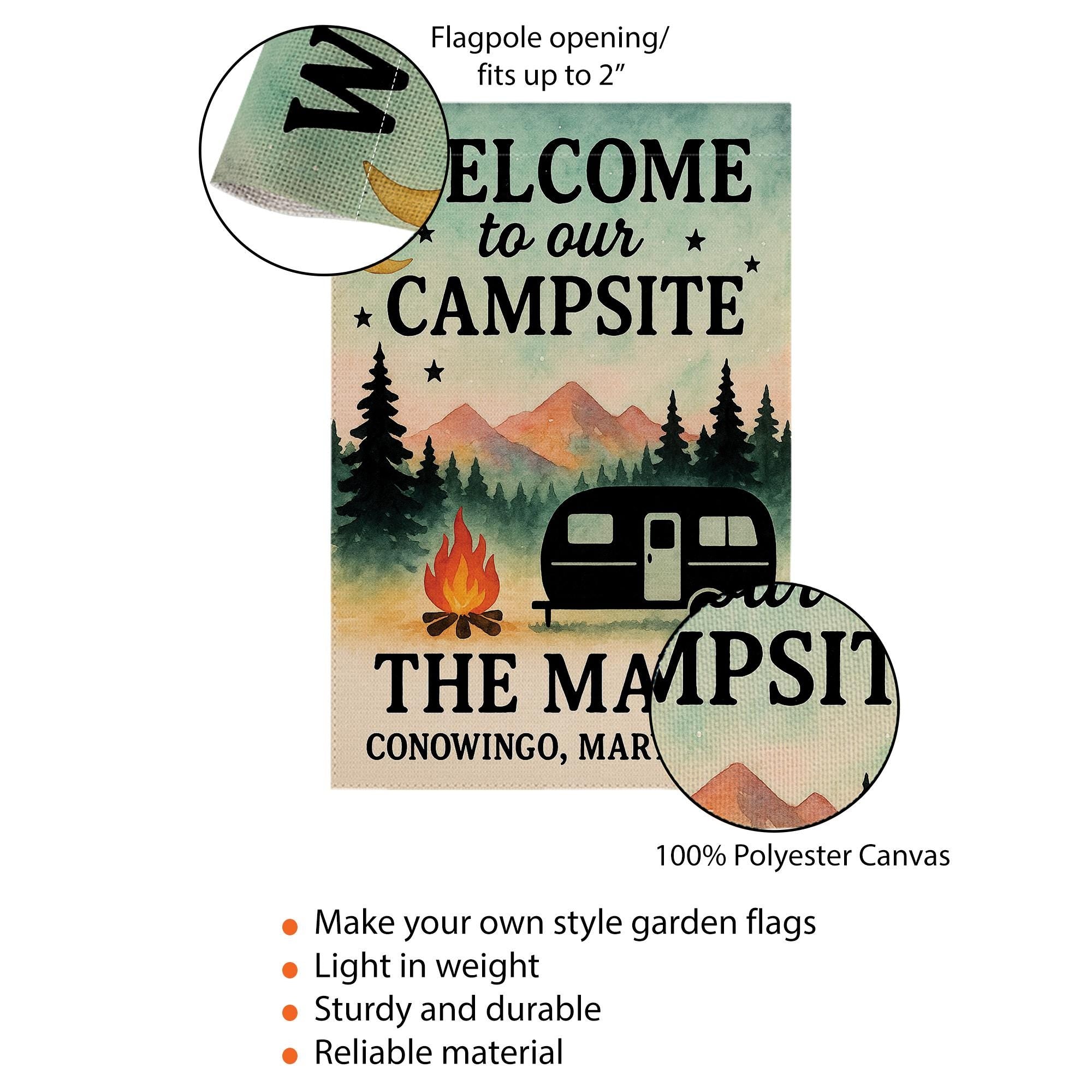 Personalized Campsite Garden Flag, Custom RV Camper Yard Banner, Welcome Outdoor Camping Decor, Family Name Campfire Flag