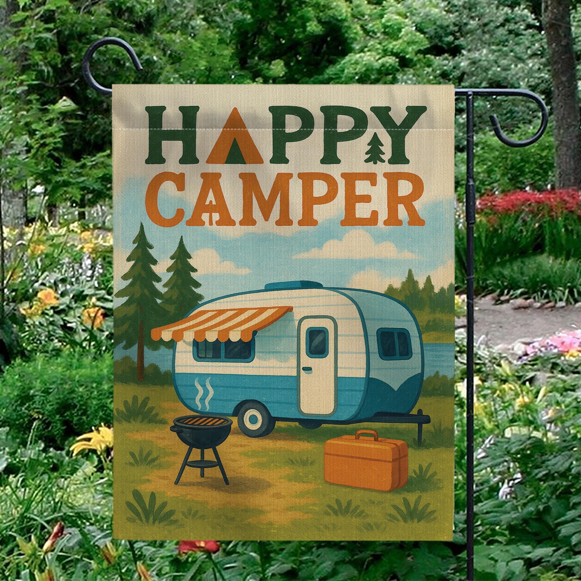 Happy Camper Garden Flag, Vintage RV Camper Yard Banner, Camping Outdoor Decor, Rustic Campsite Flag, Camper Trailer Gift