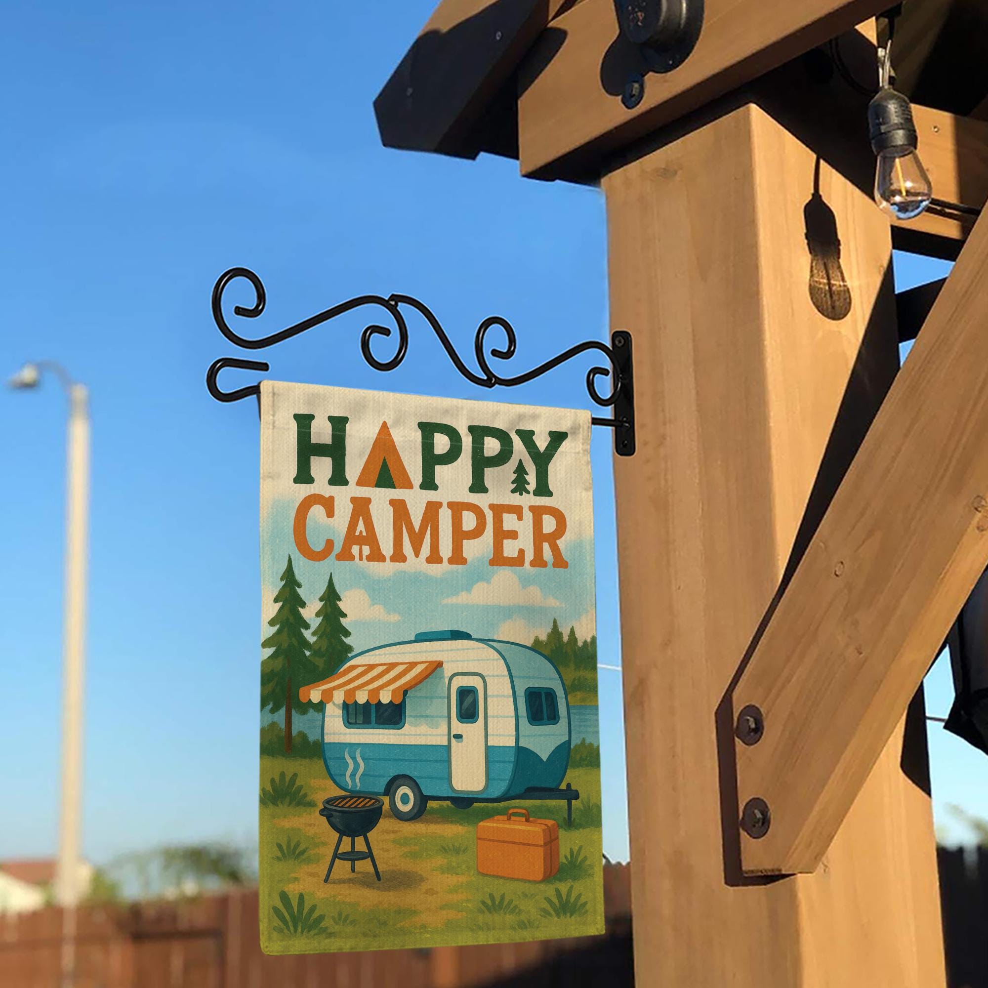 Happy Camper Garden Flag, Vintage RV Camper Yard Banner, Camping Outdoor Decor, Rustic Campsite Flag, Camper Trailer Gift