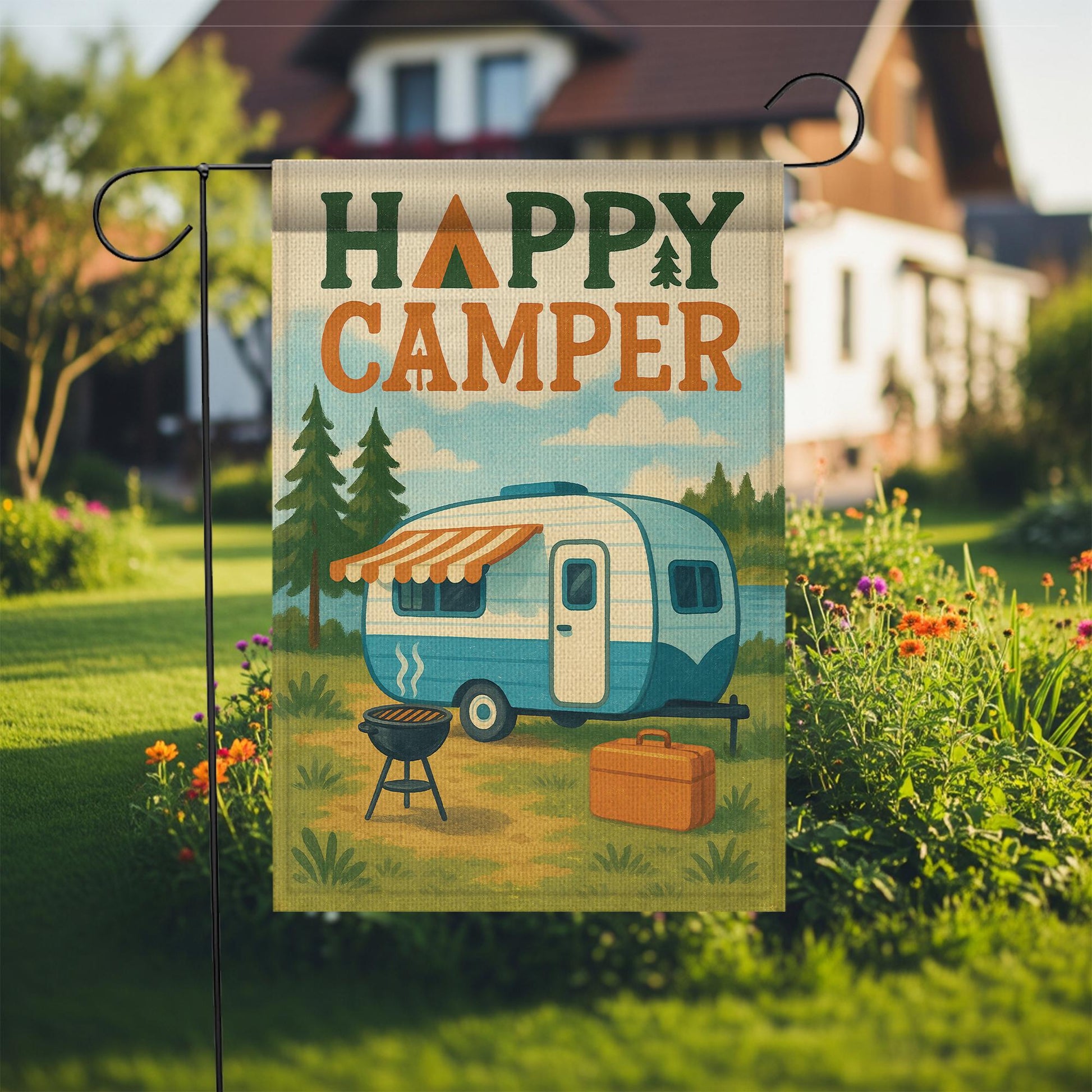 Happy Camper Garden Flag, Vintage RV Camper Yard Banner, Camping Outdoor Decor, Rustic Campsite Flag, Camper Trailer Gift