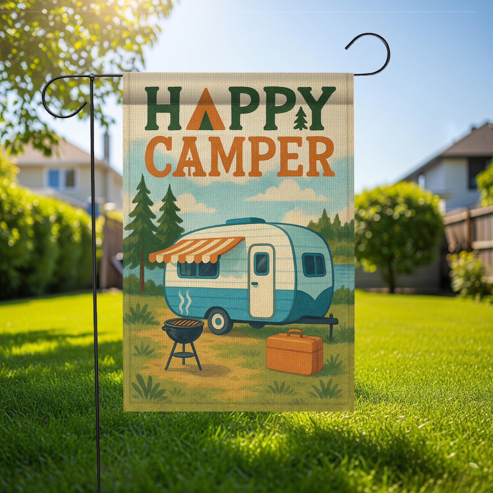 Happy Camper Garden Flag, Vintage RV Camper Yard Banner, Camping Outdoor Decor, Rustic Campsite Flag, Camper Trailer Gift
