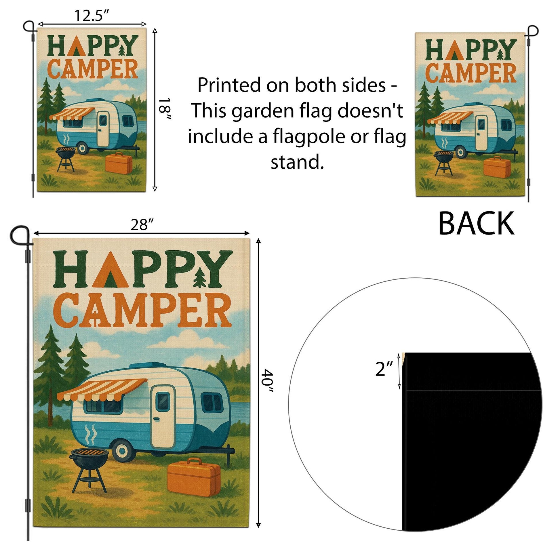 Happy Camper Garden Flag, Vintage RV Camper Yard Banner, Camping Outdoor Decor, Rustic Campsite Flag, Camper Trailer Gift