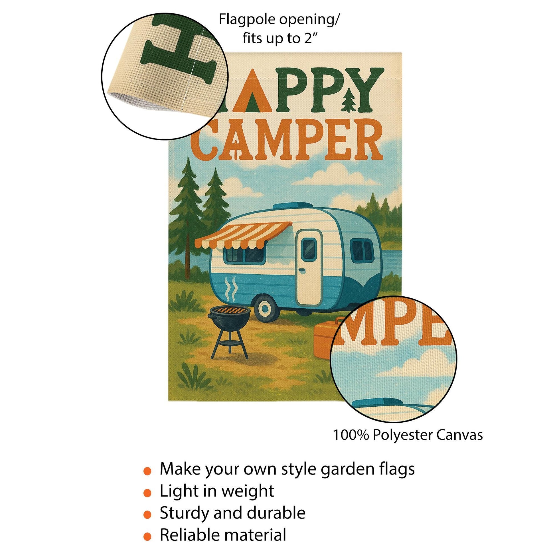 Happy Camper Garden Flag, Vintage RV Camper Yard Banner, Camping Outdoor Decor, Rustic Campsite Flag, Camper Trailer Gift