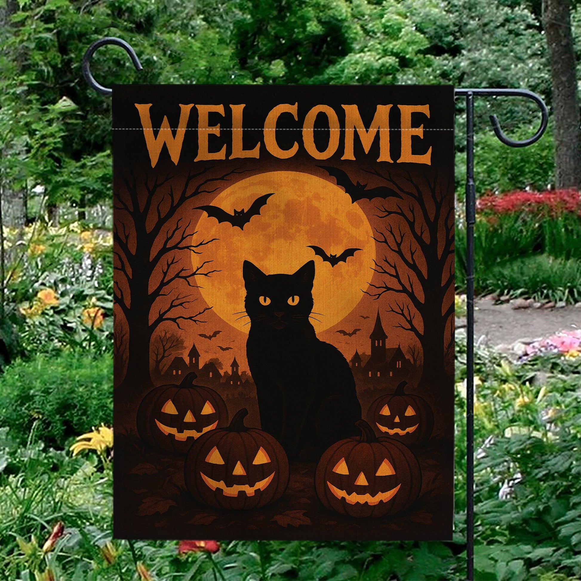 Welcome Halloween Garden Flag, Black Cat Pumpkin Yard Banner, Spooky Moon and Bat Outdoor Decor, Gothic Seasonal Porch Decoration