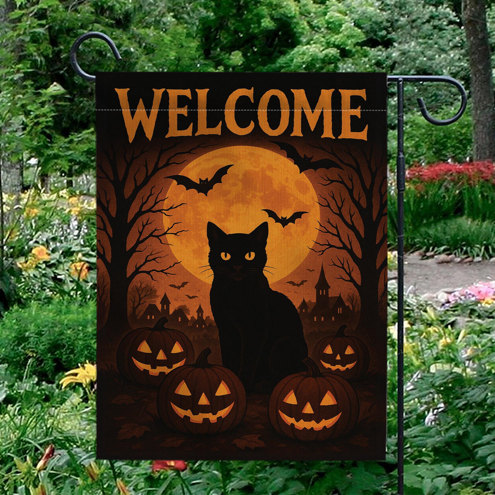 Welcome Halloween Garden Flag, Black Cat Pumpkin Yard Banner, Spooky Moon and Bat Outdoor Decor, Gothic Seasonal Porch Decoration