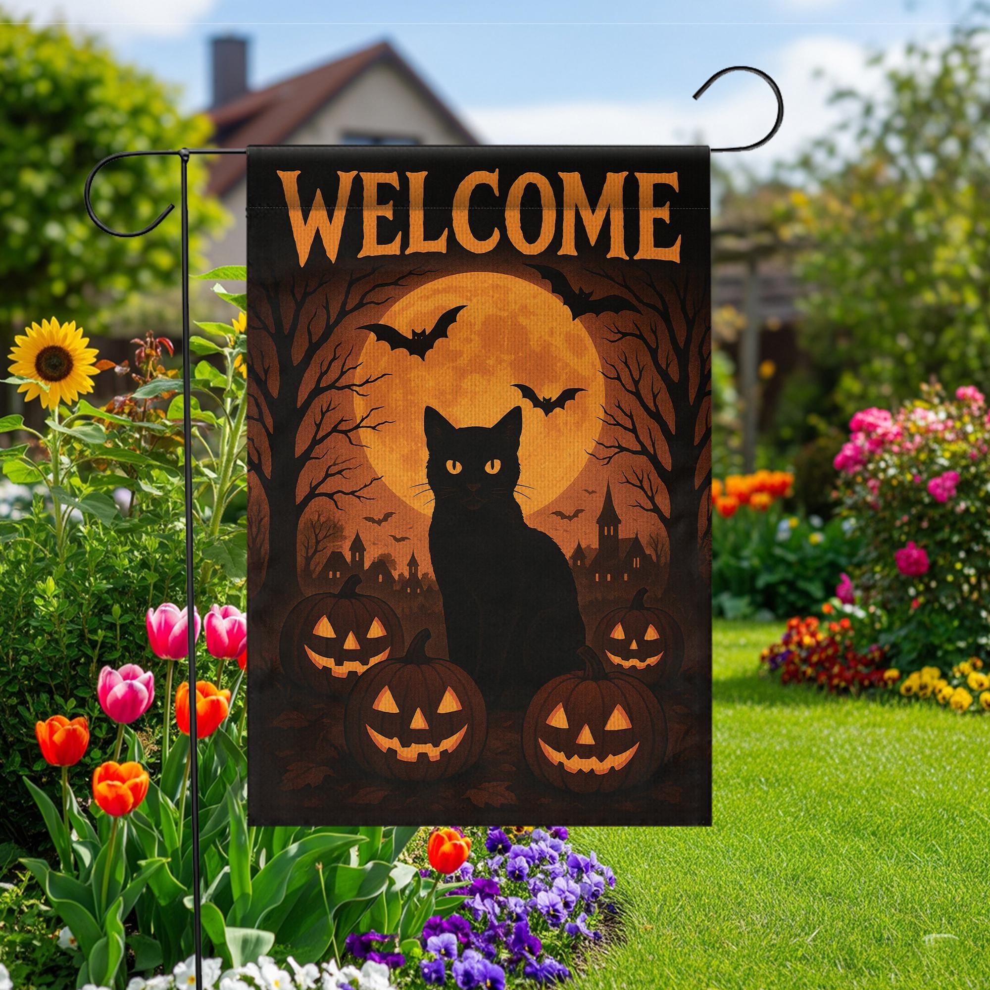 Welcome Halloween Garden Flag, Black Cat Pumpkin Yard Banner, Spooky Moon and Bat Outdoor Decor, Gothic Seasonal Porch Decoration