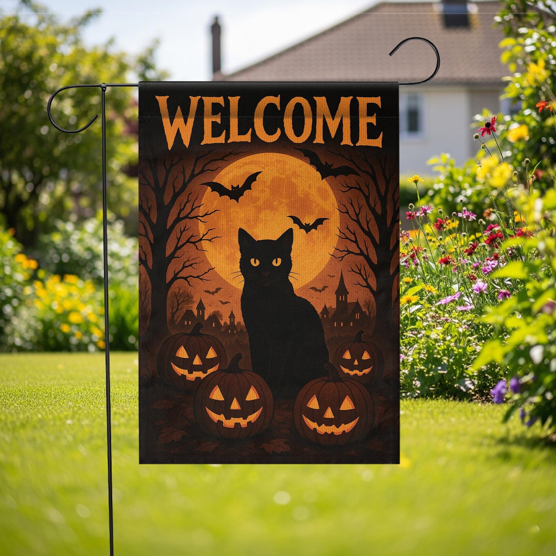 Welcome Halloween Garden Flag, Black Cat Pumpkin Yard Banner, Spooky Moon and Bat Outdoor Decor, Gothic Seasonal Porch Decoration