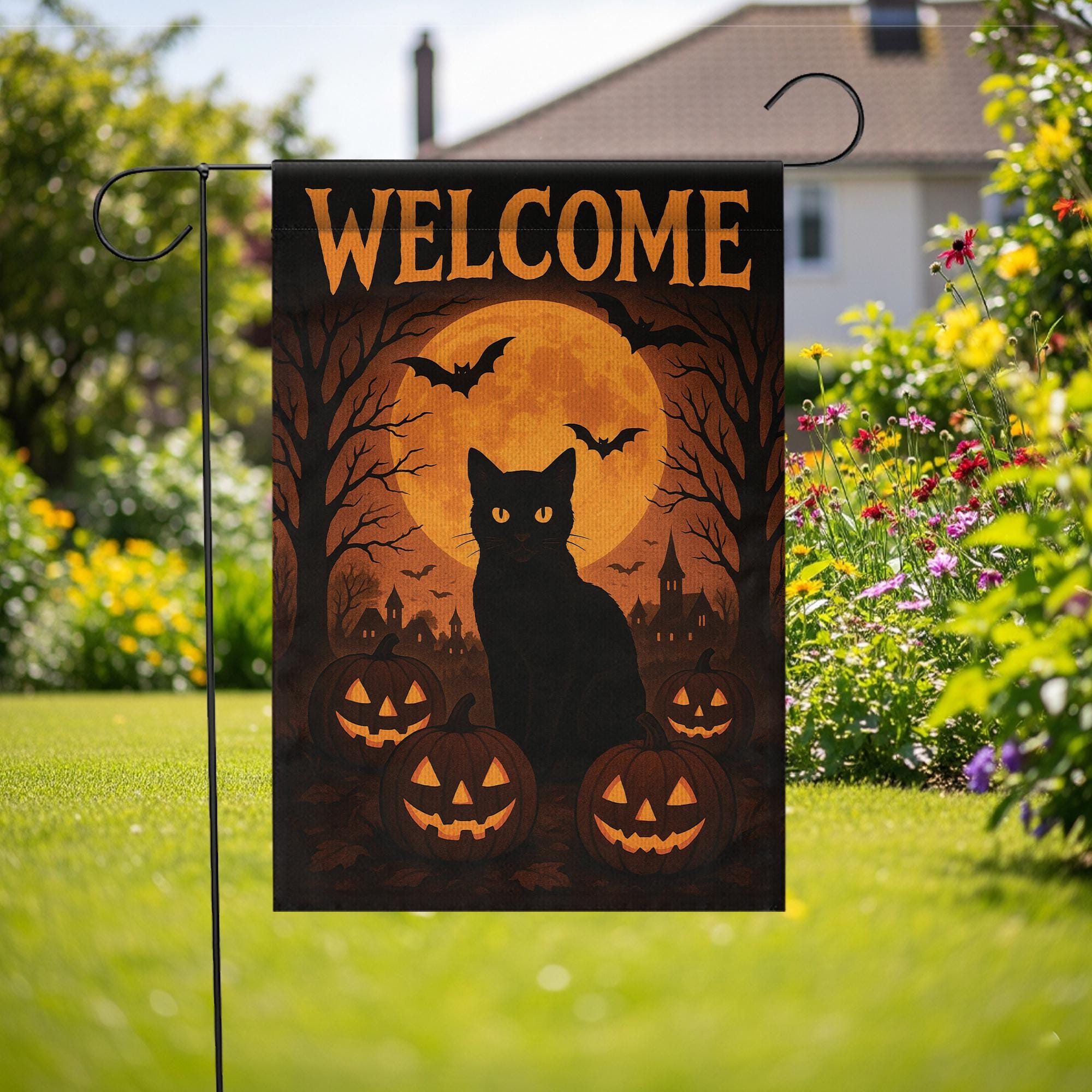 Welcome Halloween Garden Flag, Black Cat Pumpkin Yard Banner, Spooky Moon and Bat Outdoor Decor, Gothic Seasonal Porch Decoration