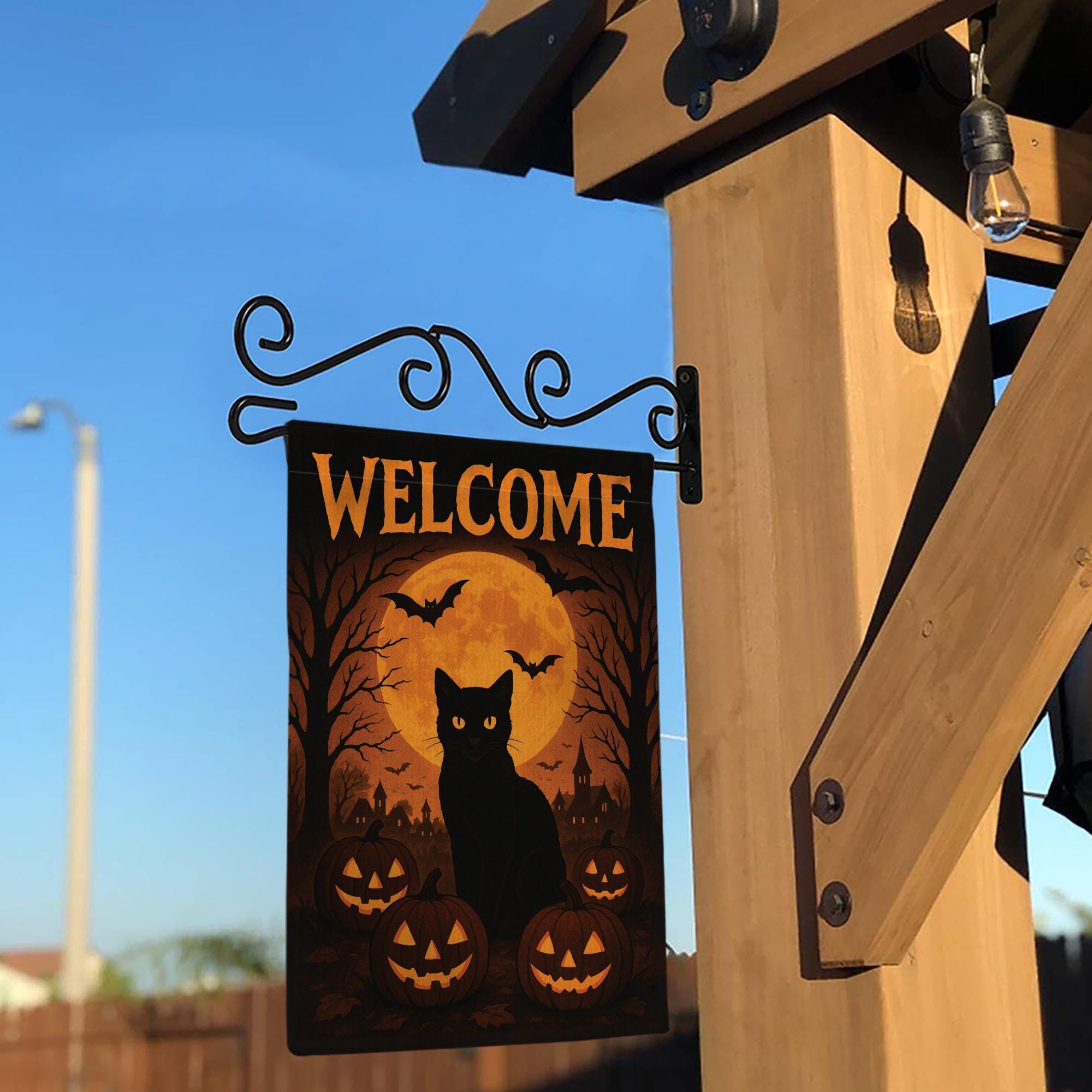 Welcome Halloween Garden Flag, Black Cat Pumpkin Yard Banner, Spooky Moon and Bat Outdoor Decor, Gothic Seasonal Porch Decoration