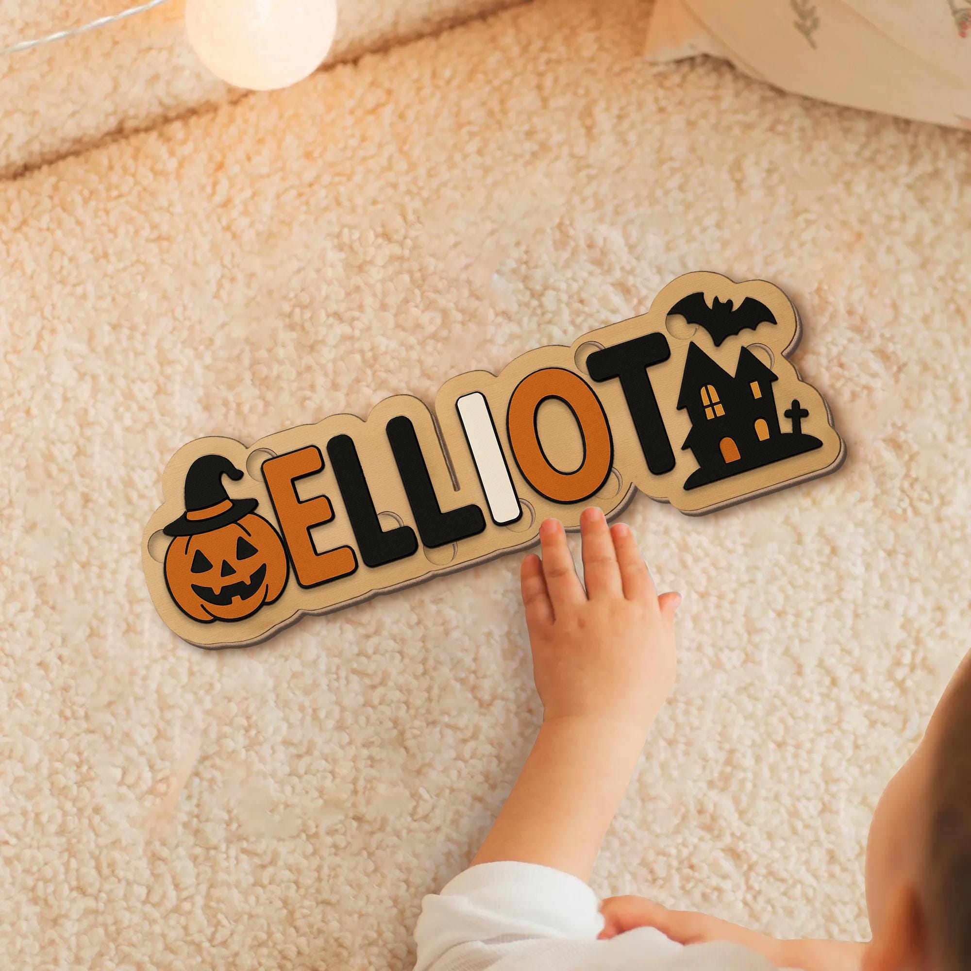 Personalized Halloween Wooden Name Puzzle, Custom Toddler Puzzle Toy, Montessori Baby Learning Gift, Pumpkin Haunted House Puzzle