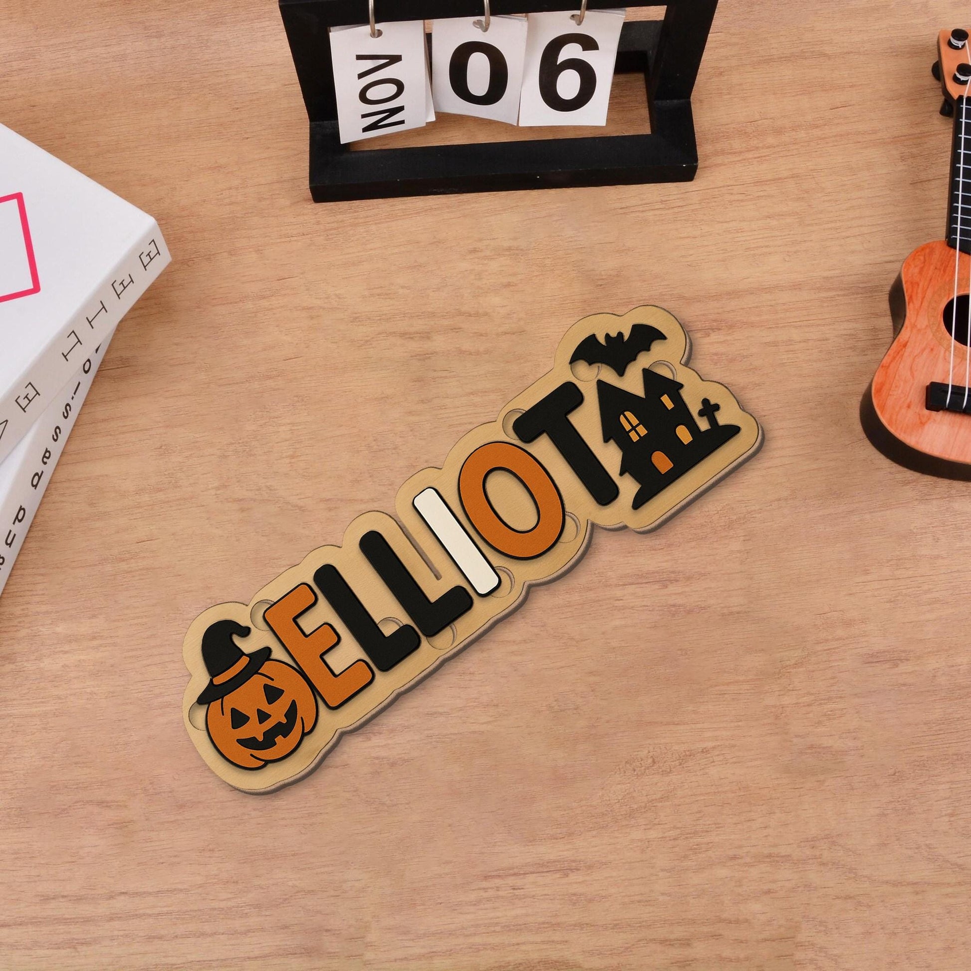 Personalized Halloween Wooden Name Puzzle, Custom Toddler Puzzle Toy, Montessori Baby Learning Gift, Pumpkin Haunted House Puzzle