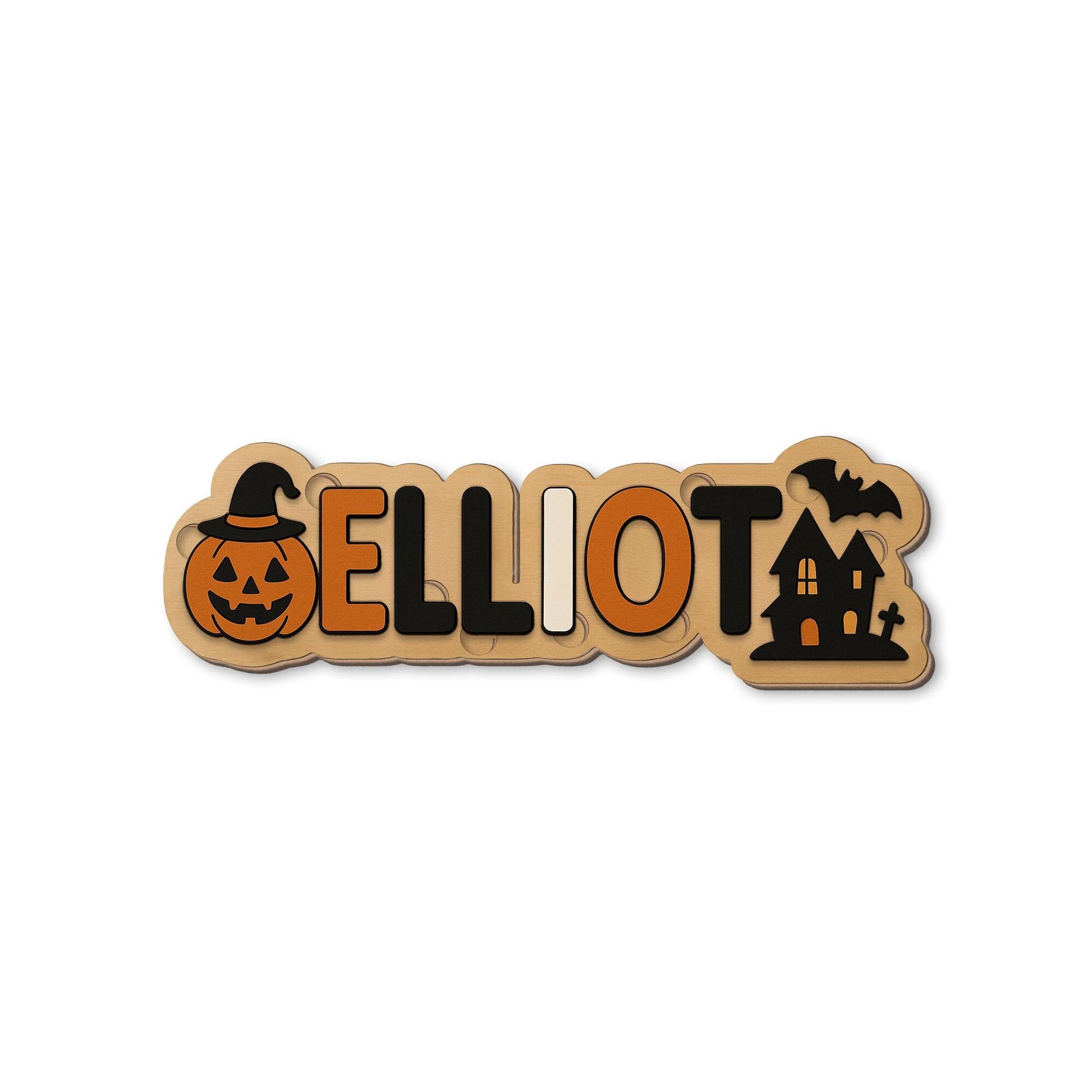 Personalized Halloween Wooden Name Puzzle, Custom Toddler Puzzle Toy, Montessori Baby Learning Gift, Pumpkin Haunted House Puzzle