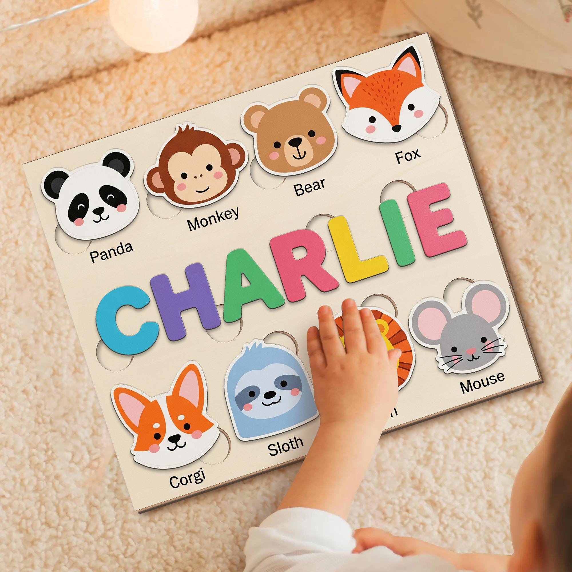 Personalized Animal Wooden Puzzle, Custom Name Toddler Puzzle Toy, Montessori Educational Gift, Baby Learning Puzzle with Animals