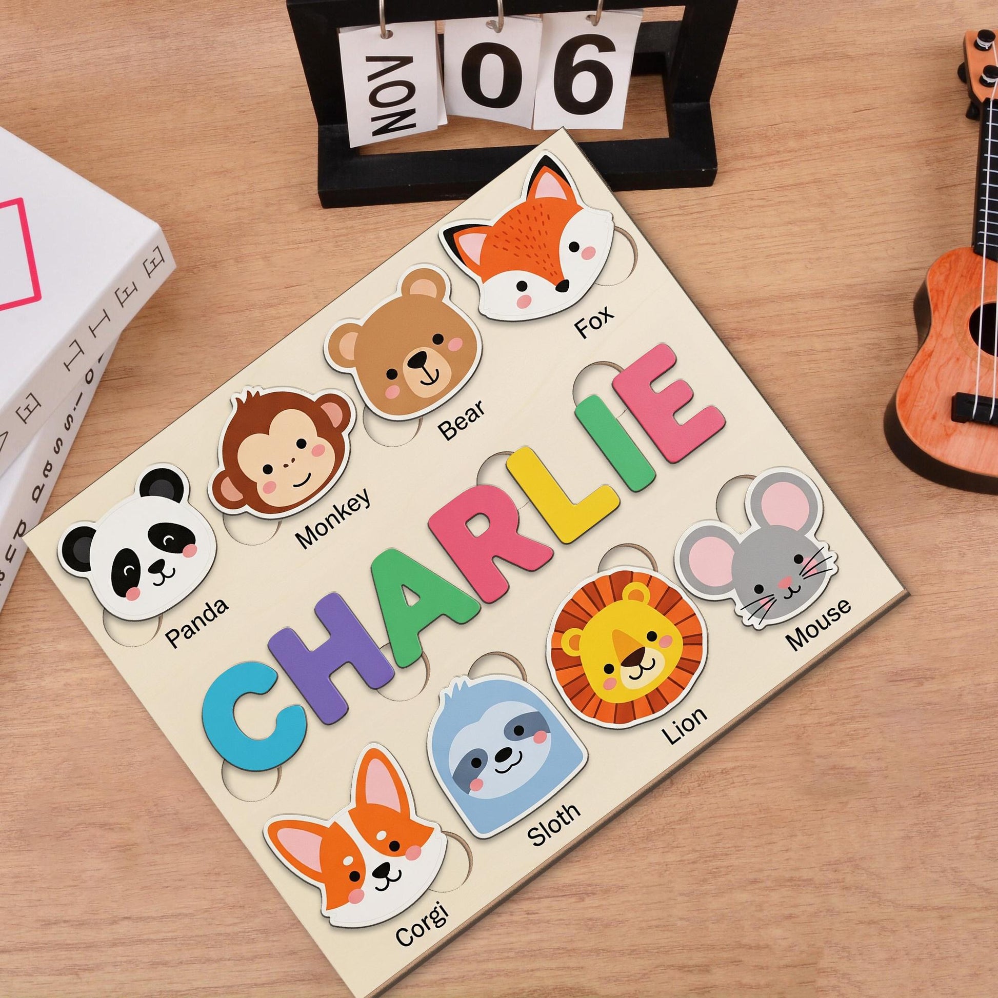Personalized Animal Wooden Puzzle, Custom Name Toddler Puzzle Toy, Montessori Educational Gift, Baby Learning Puzzle with Animals