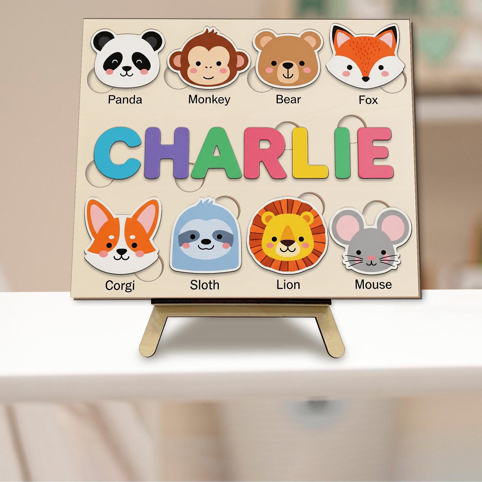 Personalized Animal Wooden Puzzle, Custom Name Toddler Puzzle Toy, Montessori Educational Gift, Baby Learning Puzzle with Animals
