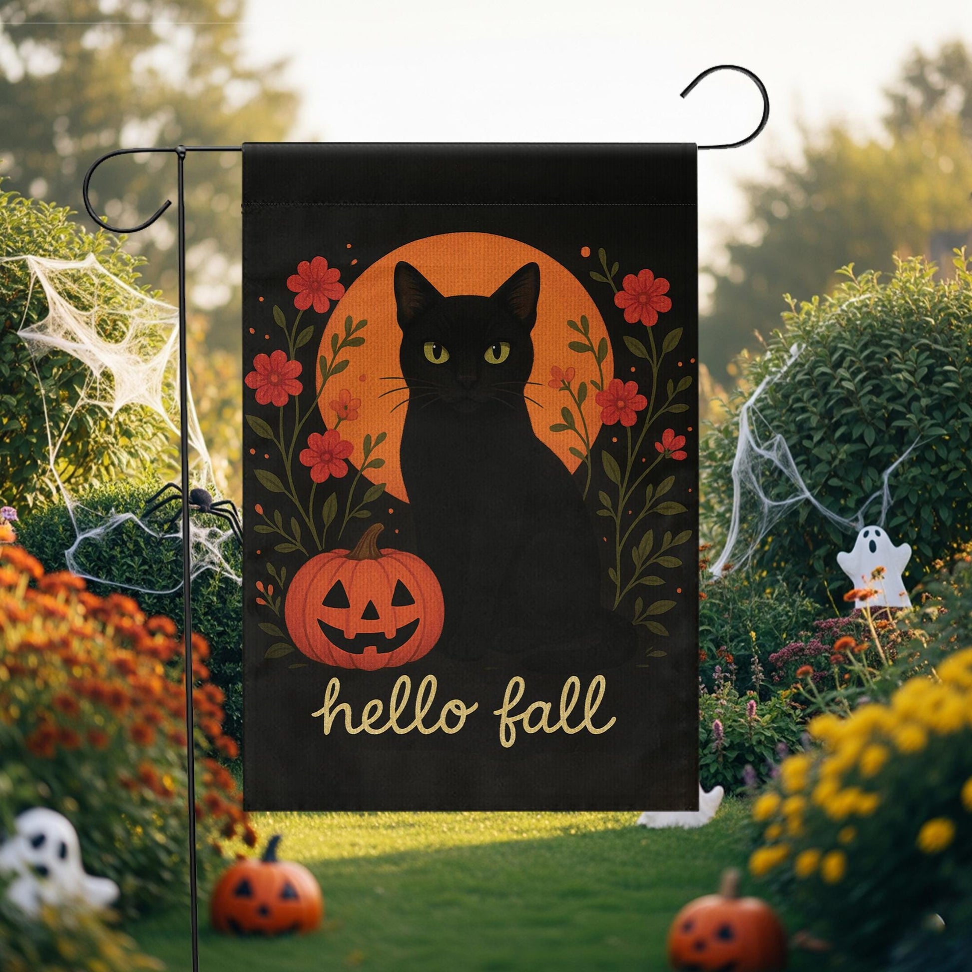 Hello Fall Garden Flag, Black Cat Pumpkin Yard Banner, Autumn Outdoor Porch Decor, Rustic Seasonal Halloween Garden Decoration