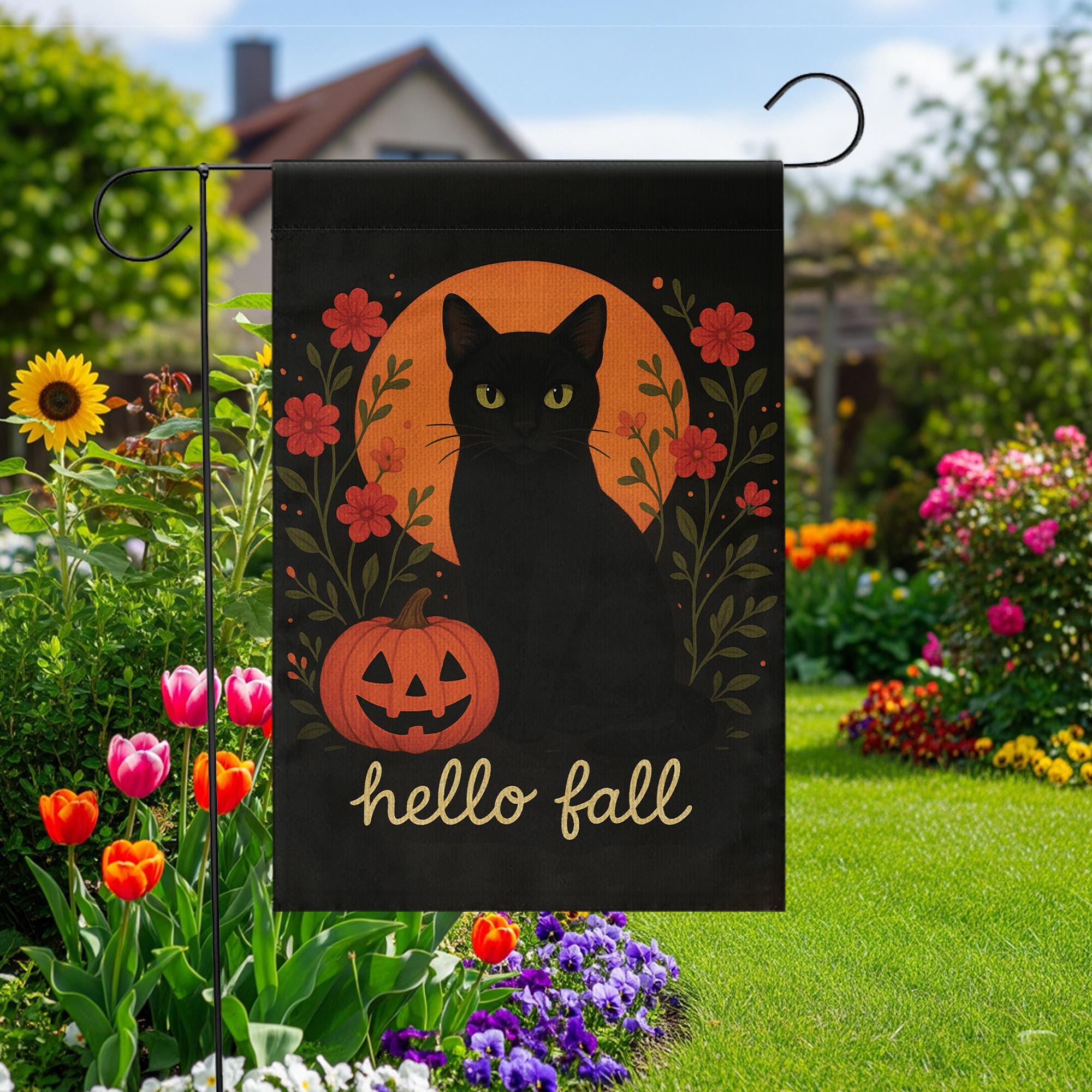 Hello Fall Garden Flag, Black Cat Pumpkin Yard Banner, Autumn Outdoor Porch Decor, Rustic Seasonal Halloween Garden Decoration