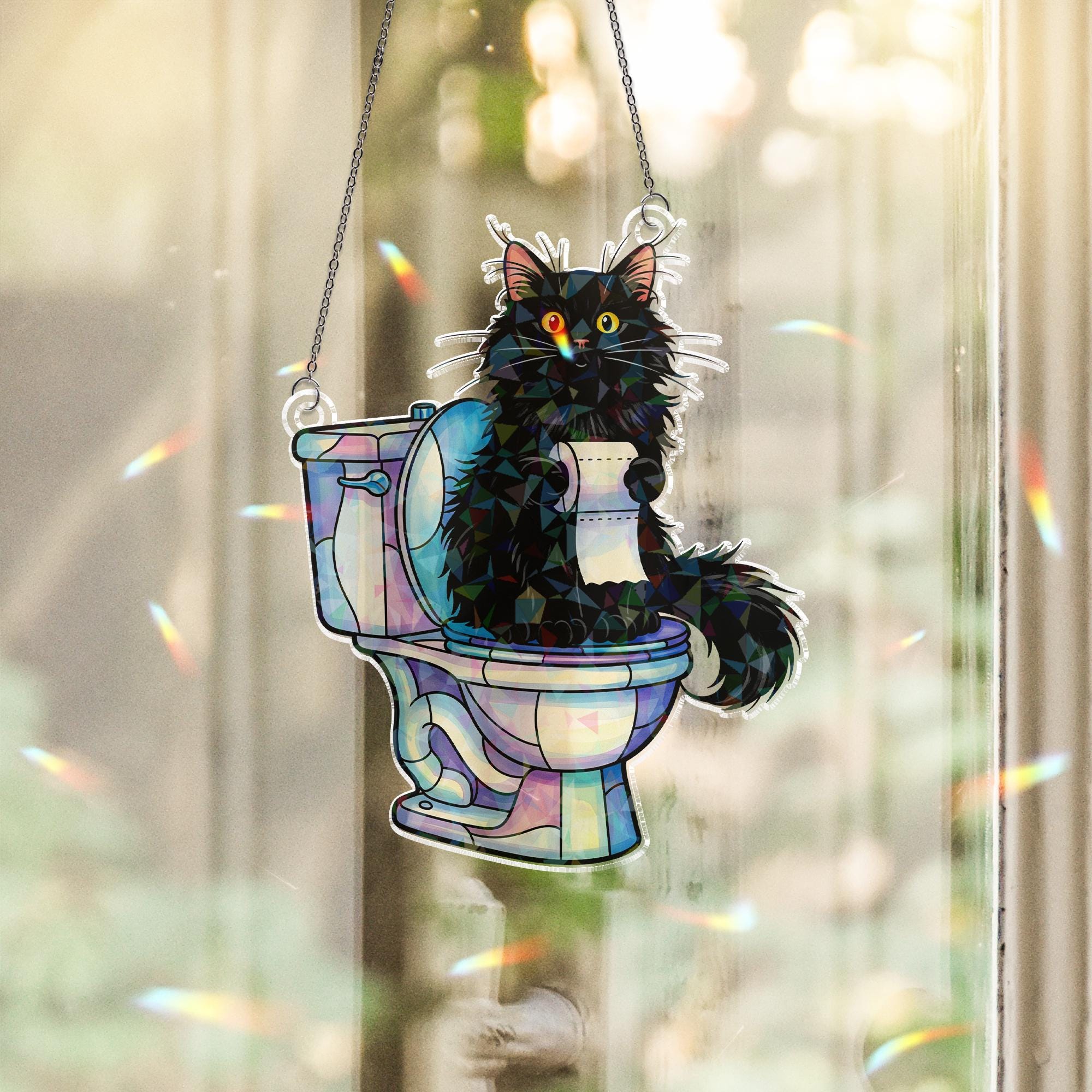 Funny Black Cat Acrylic Window Hanging, Holographic Toilet Cat Suncatcher, Quirky Bathroom Decor, Unique Gift for Cat Lovers