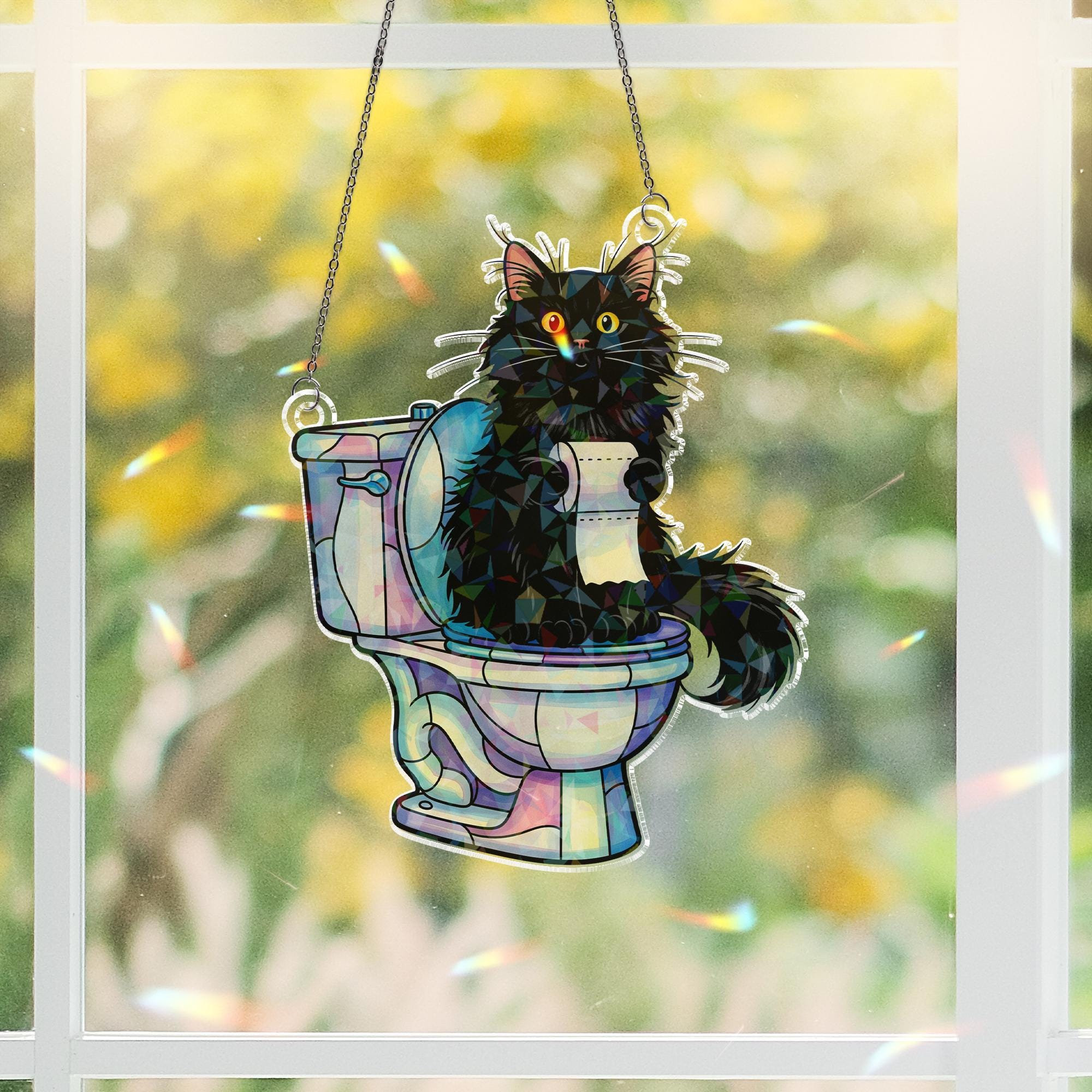 Funny Black Cat Acrylic Window Hanging, Holographic Toilet Cat Suncatcher, Quirky Bathroom Decor, Unique Gift for Cat Lovers