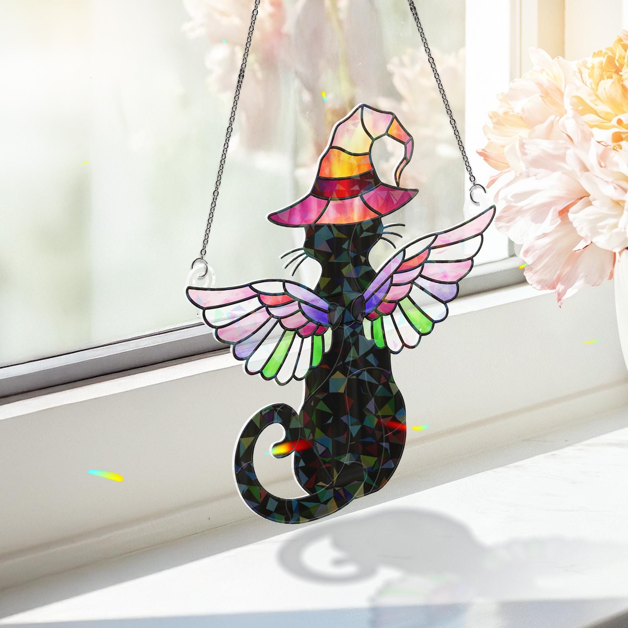Black Cat Witch Acrylic Window Hanging, Holographic Winged Cat Suncatcher, Halloween Stained Glass Style Decor, Mystic Cat Gift