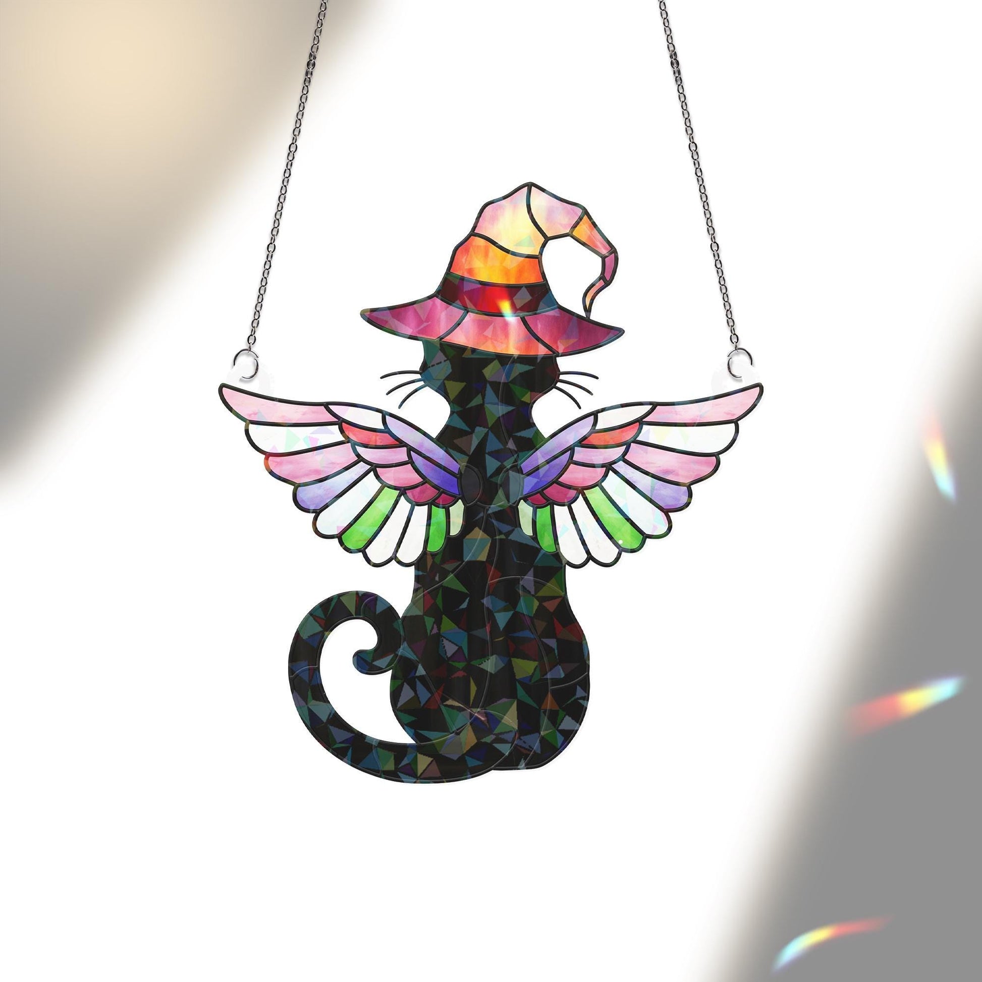 Black Cat Witch Acrylic Window Hanging, Holographic Winged Cat Suncatcher, Halloween Stained Glass Style Decor, Mystic Cat Gift