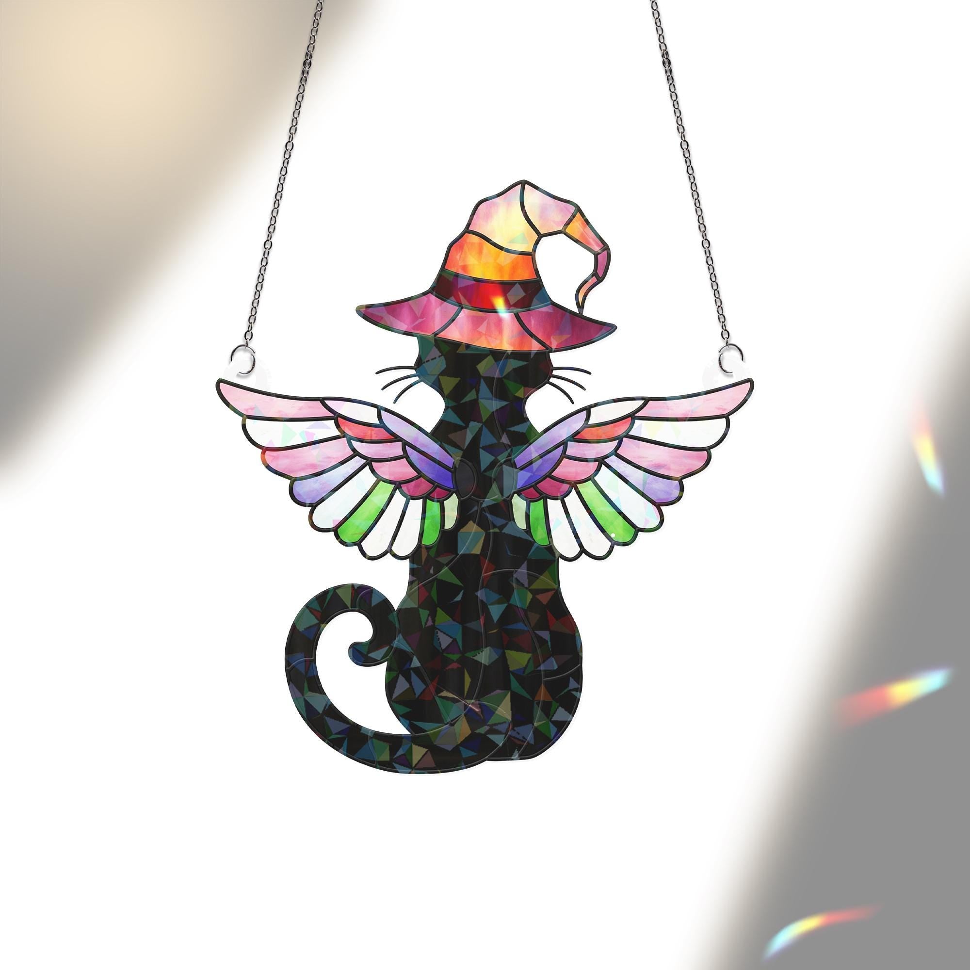 Black Cat Witch Acrylic Window Hanging, Holographic Winged Cat Suncatcher, Halloween Stained Glass Style Decor, Mystic Cat Gift